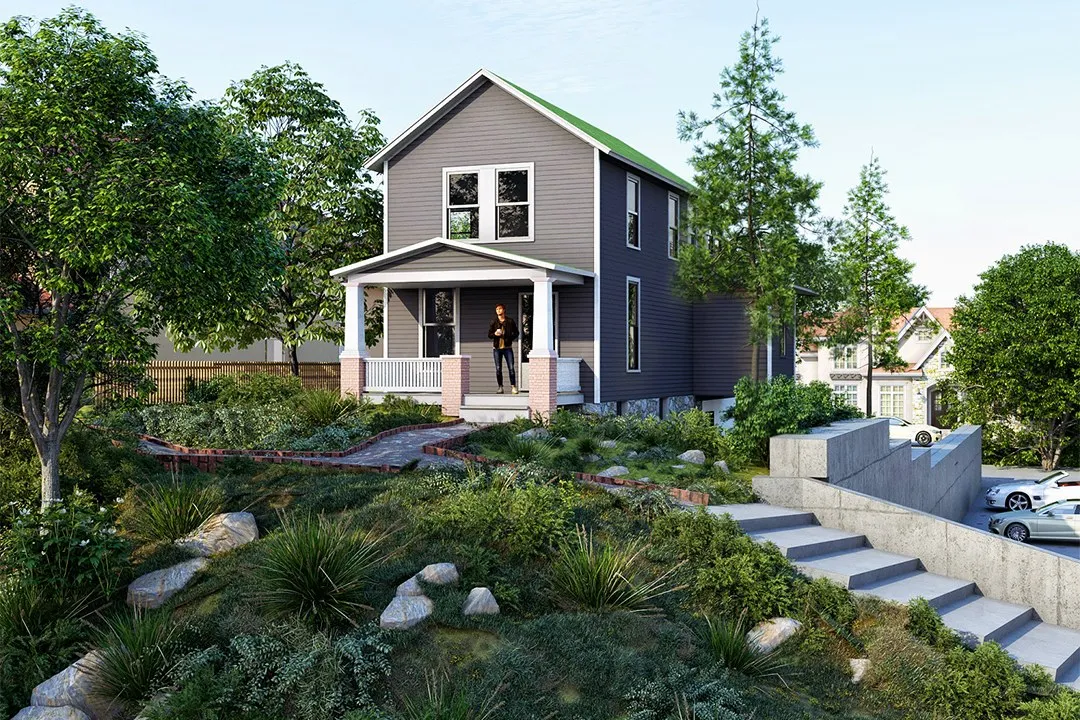 Project 34 Hillside Craftsman Home — residential 3D rendering by Praxis Studio