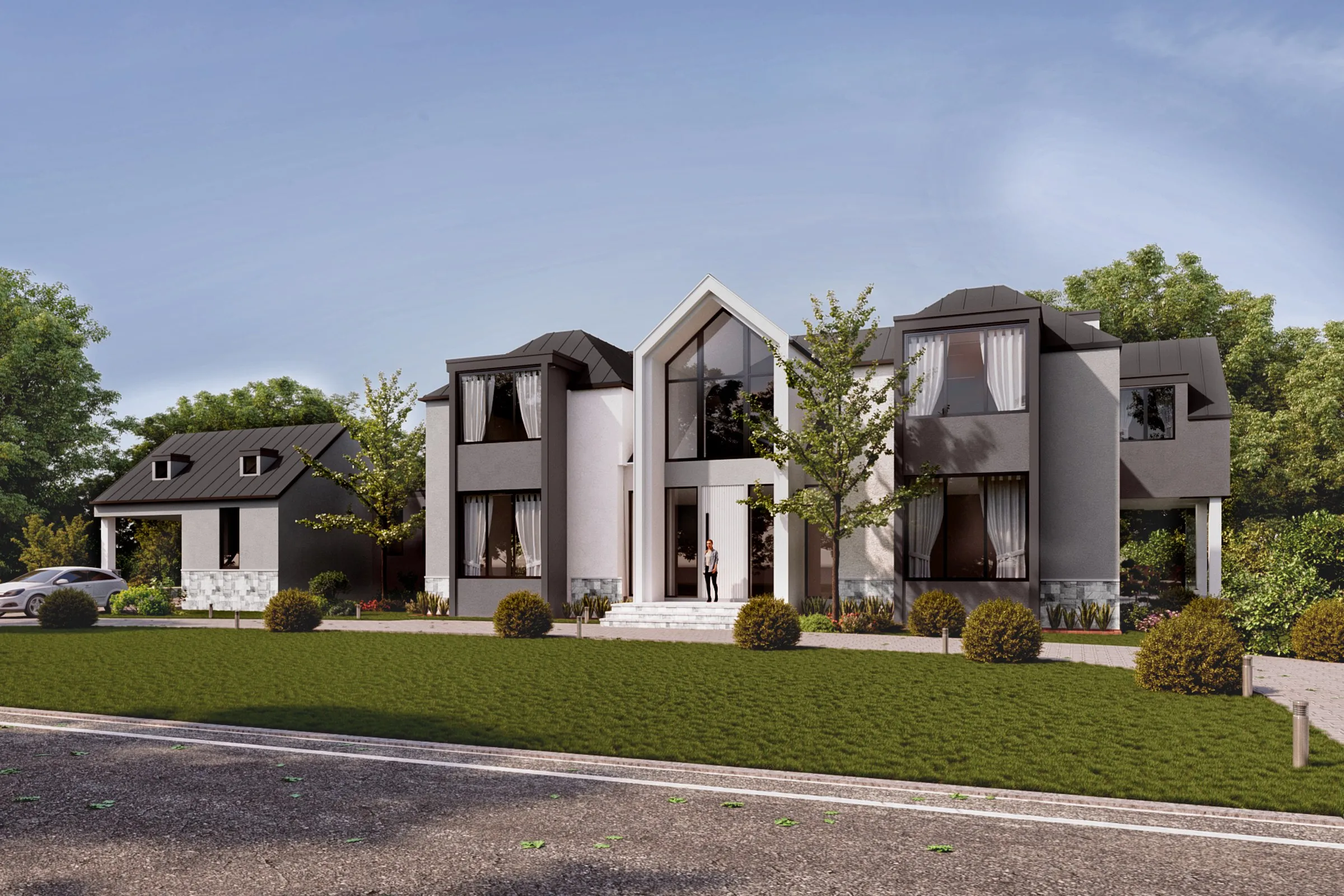 Project 36 Contemporary Gable Mansion — residential 3D rendering by Praxis Studio