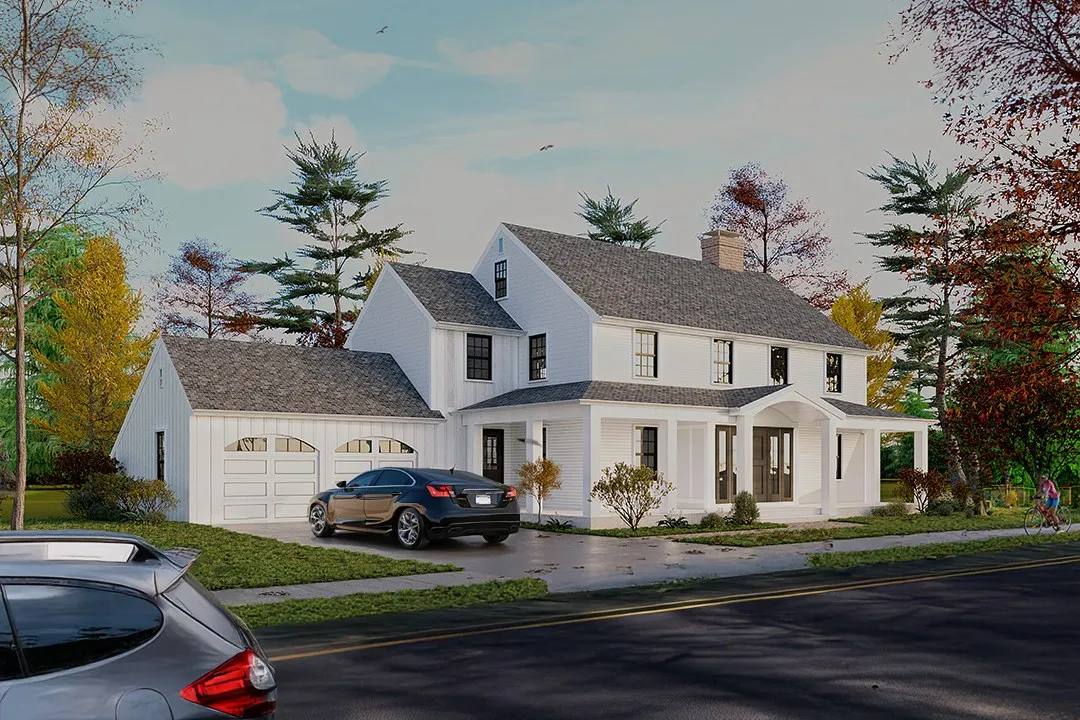 Project 40 White Farmhouse — residential 3D rendering by Praxis Studio