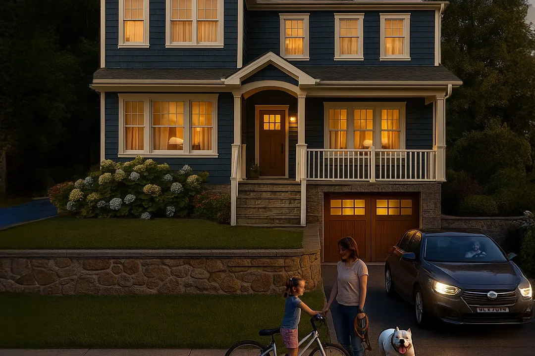Project 41 Blue Siding Traditional — residential 3D rendering by Praxis Studio