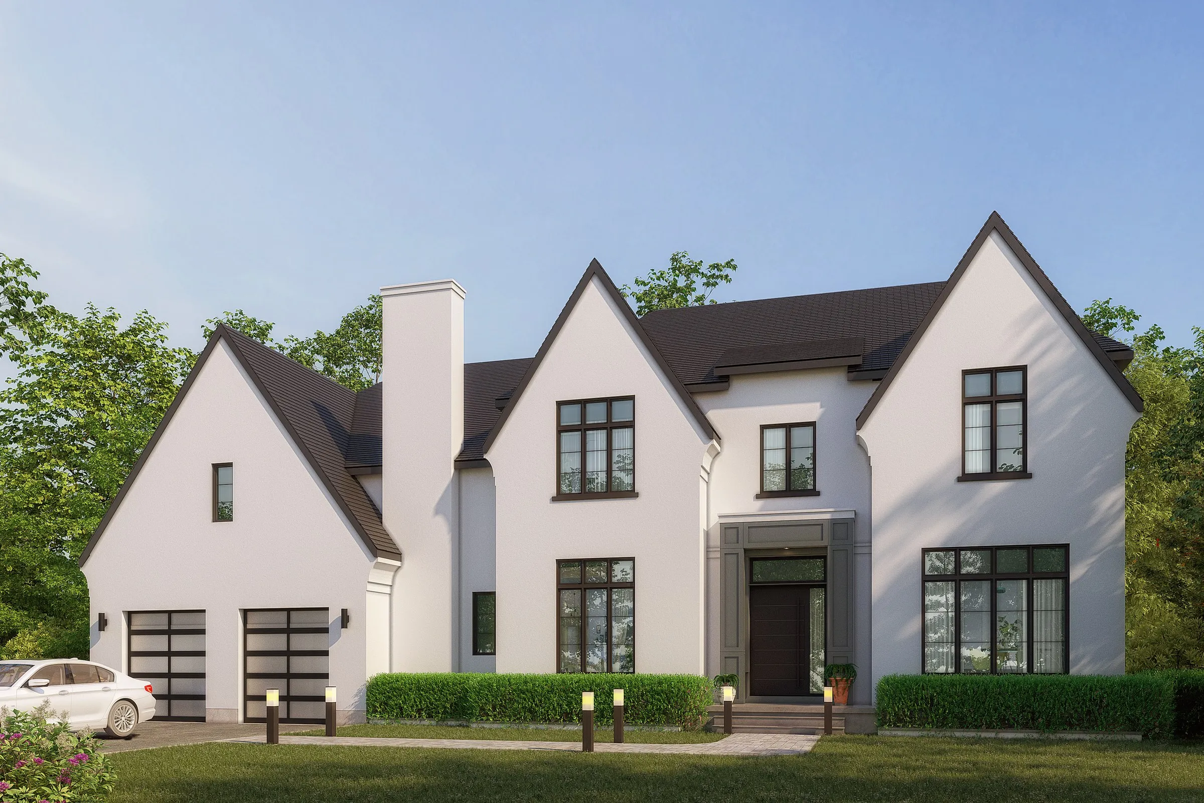 Project 49 White Stucco Transitional — residential 3D rendering by Praxis Studio