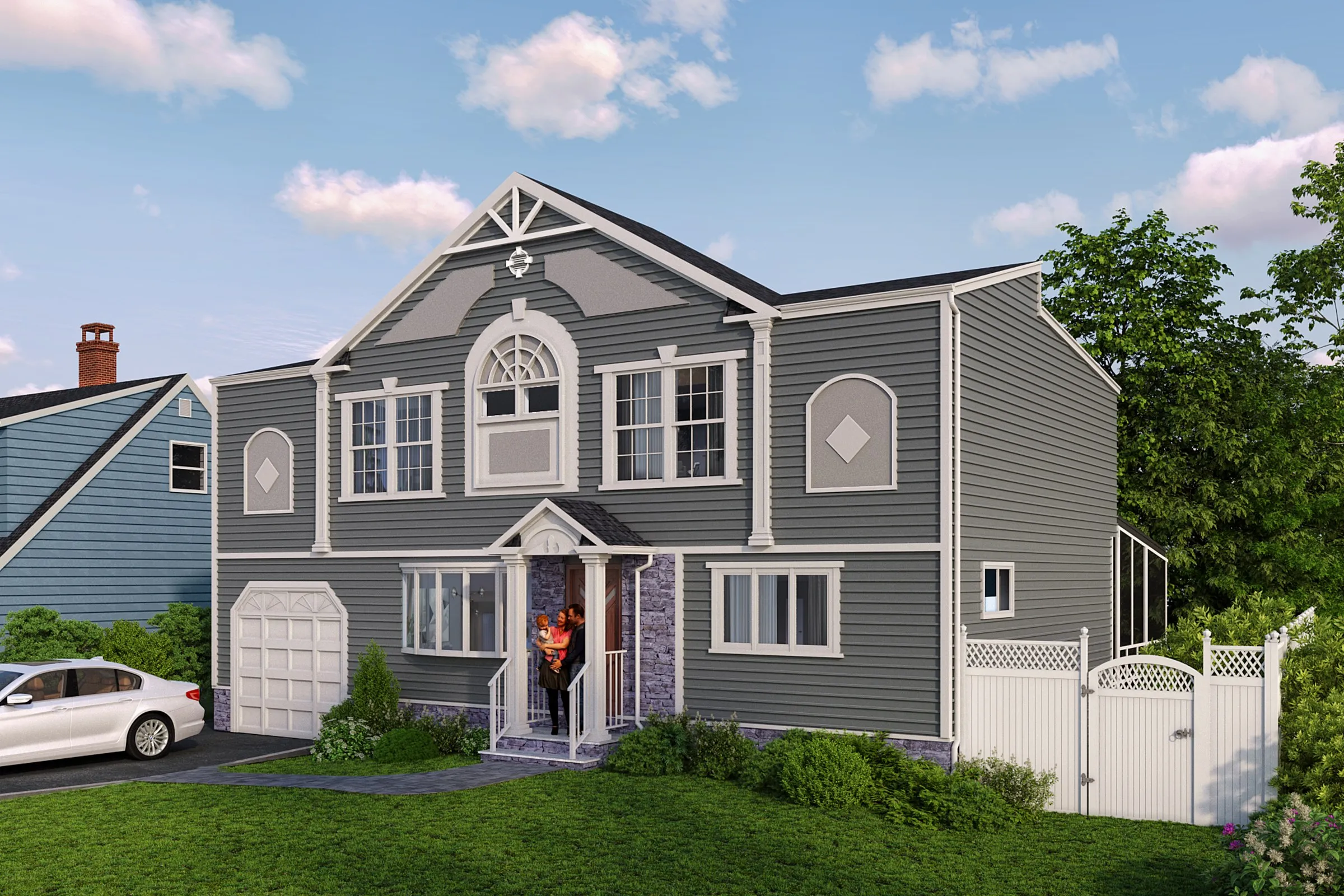 Project 50 Grey Siding Traditional — residential 3D rendering by Praxis Studio