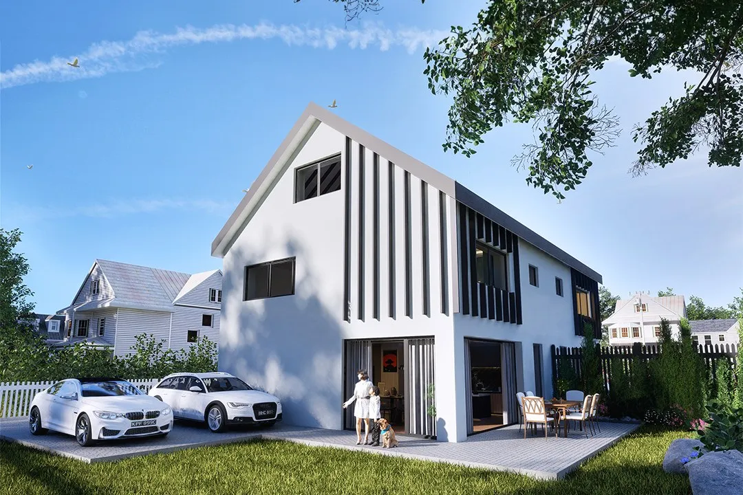 Project 67 Modern White Gable — residential 3D rendering by Praxis Studio