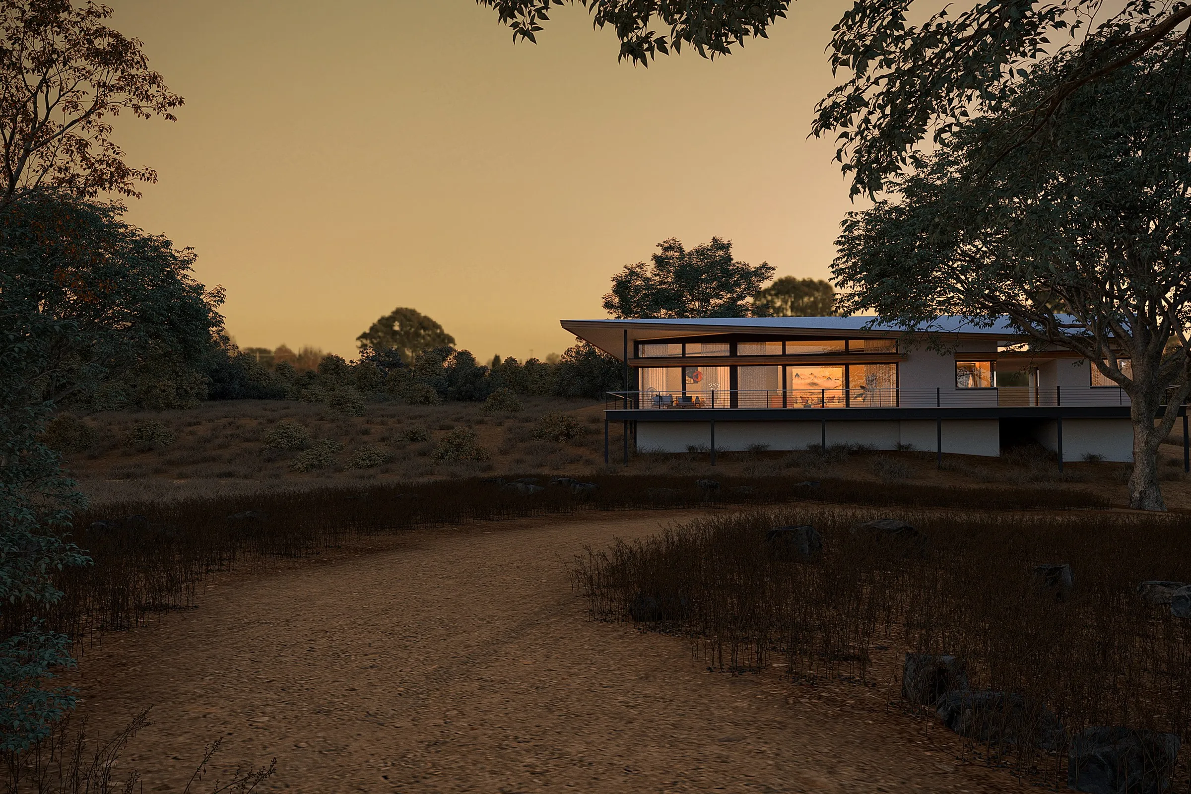 Project 68 Minimalist Glass Pavilion — residential 3D rendering by Praxis Studio