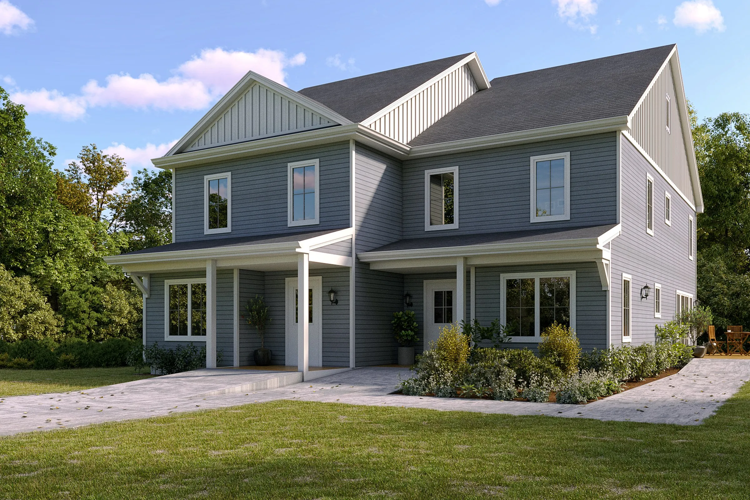 Project 83 Blue Farmhouse — residential 3D rendering by Praxis Studio