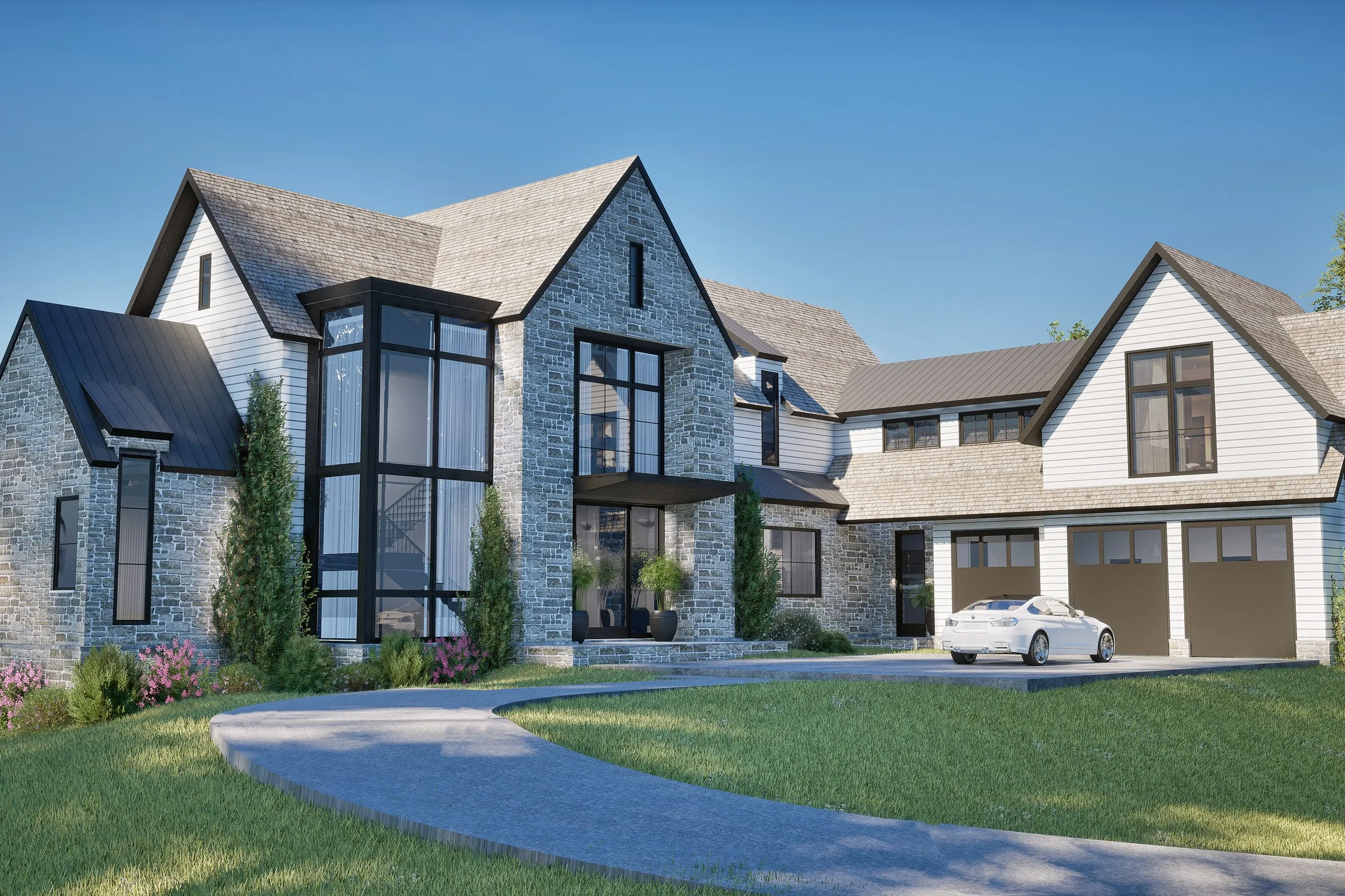 Stone Estate Poolside — residential architectural visualization, view 1
