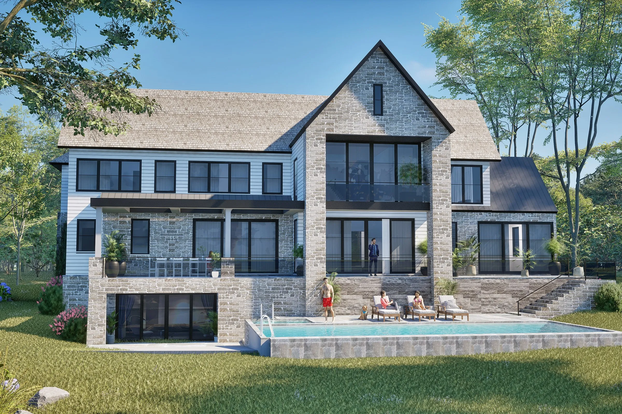 Stone Estate Poolside — residential 3D rendering by Praxis Studio