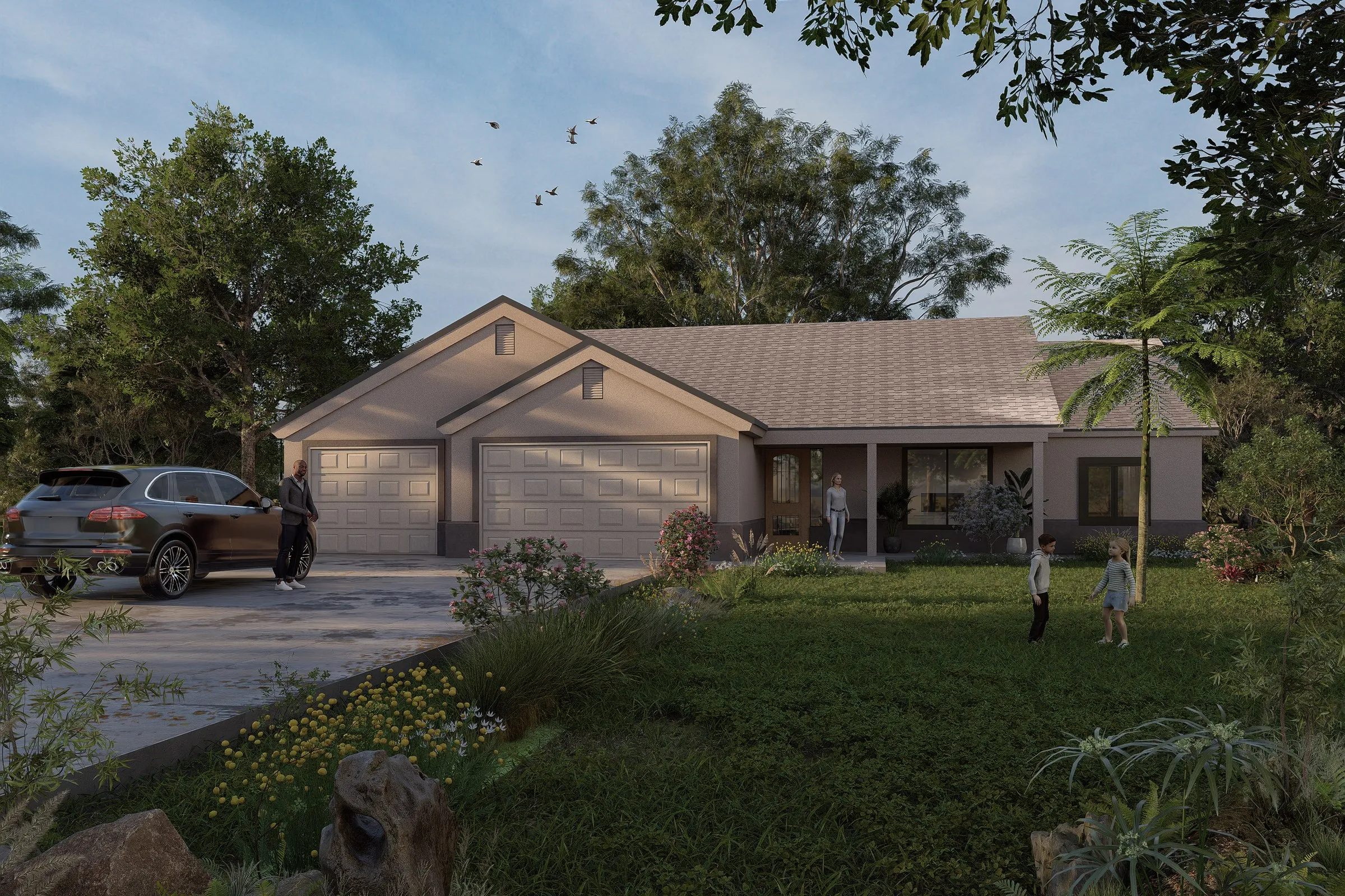 Stucco Ranch 120 — residential 3D rendering by Praxis Studio