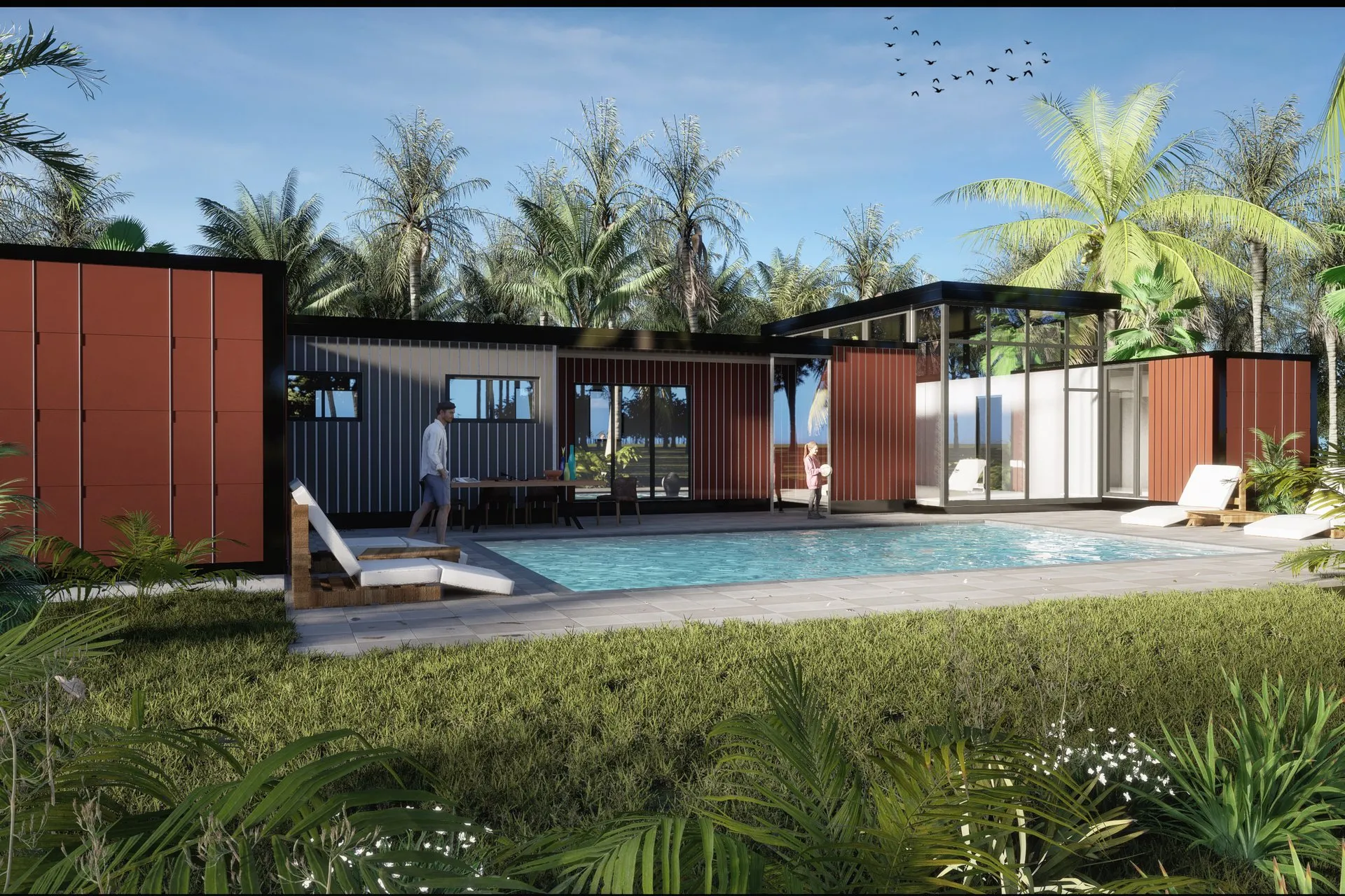 Tropical Container Modern Home — residential architectural visualization, view 1