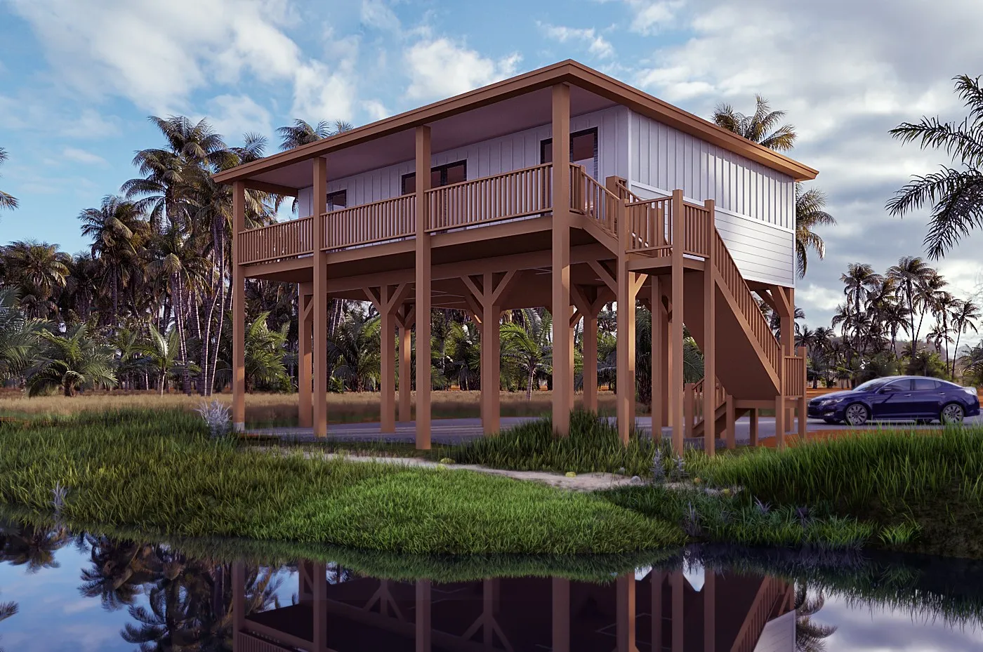 Tropical Stilt House 001 — residential 3D rendering by Praxis Studio