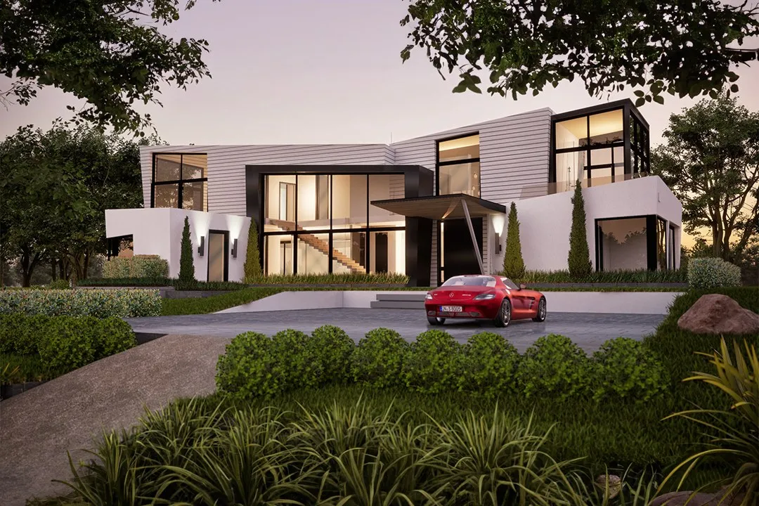 Ultra Modern White Metal Villa — residential 3D rendering by Praxis Studio