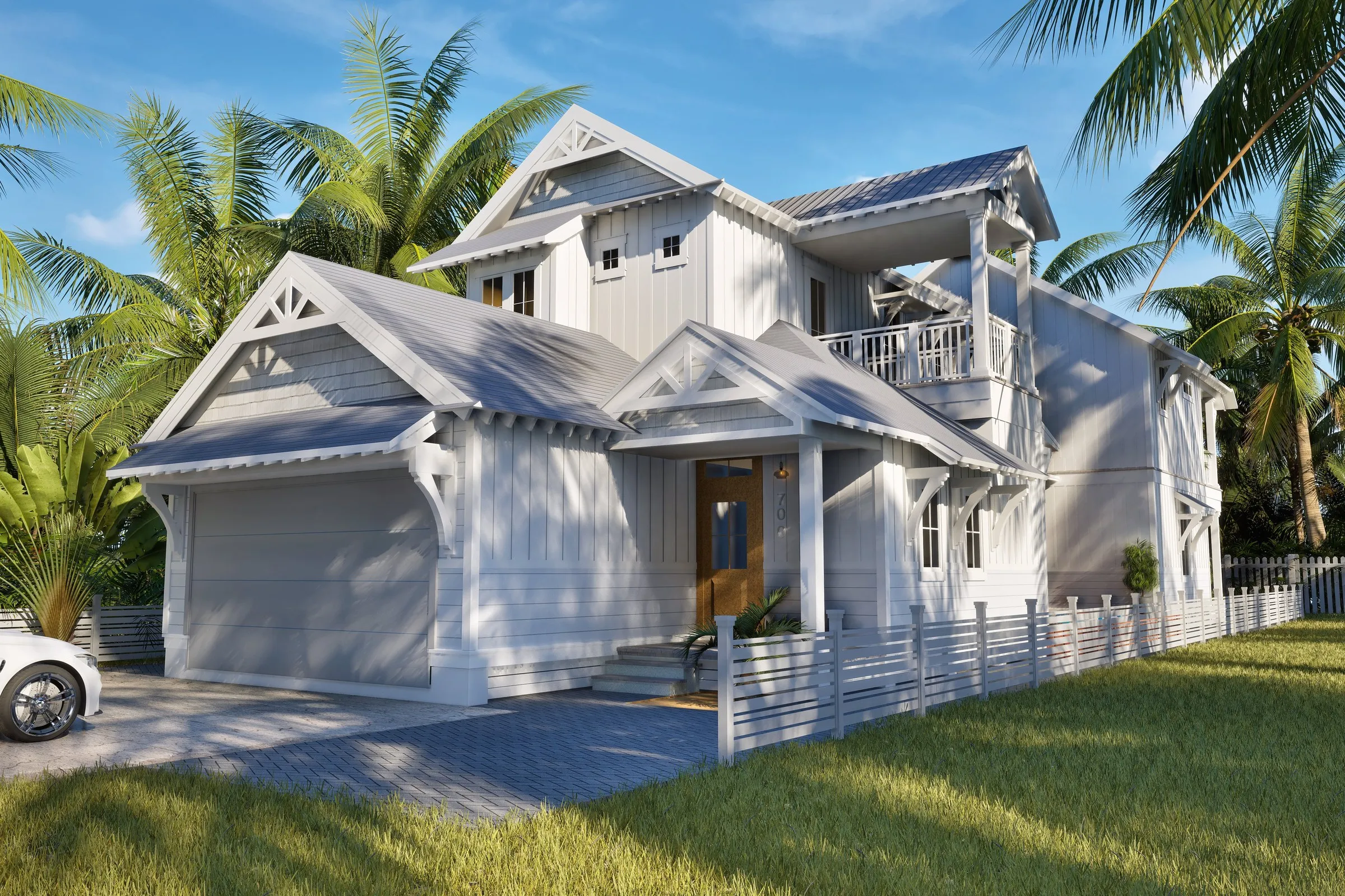 White Coastal Modern Palm Trees — residential 3D rendering by Praxis Studio