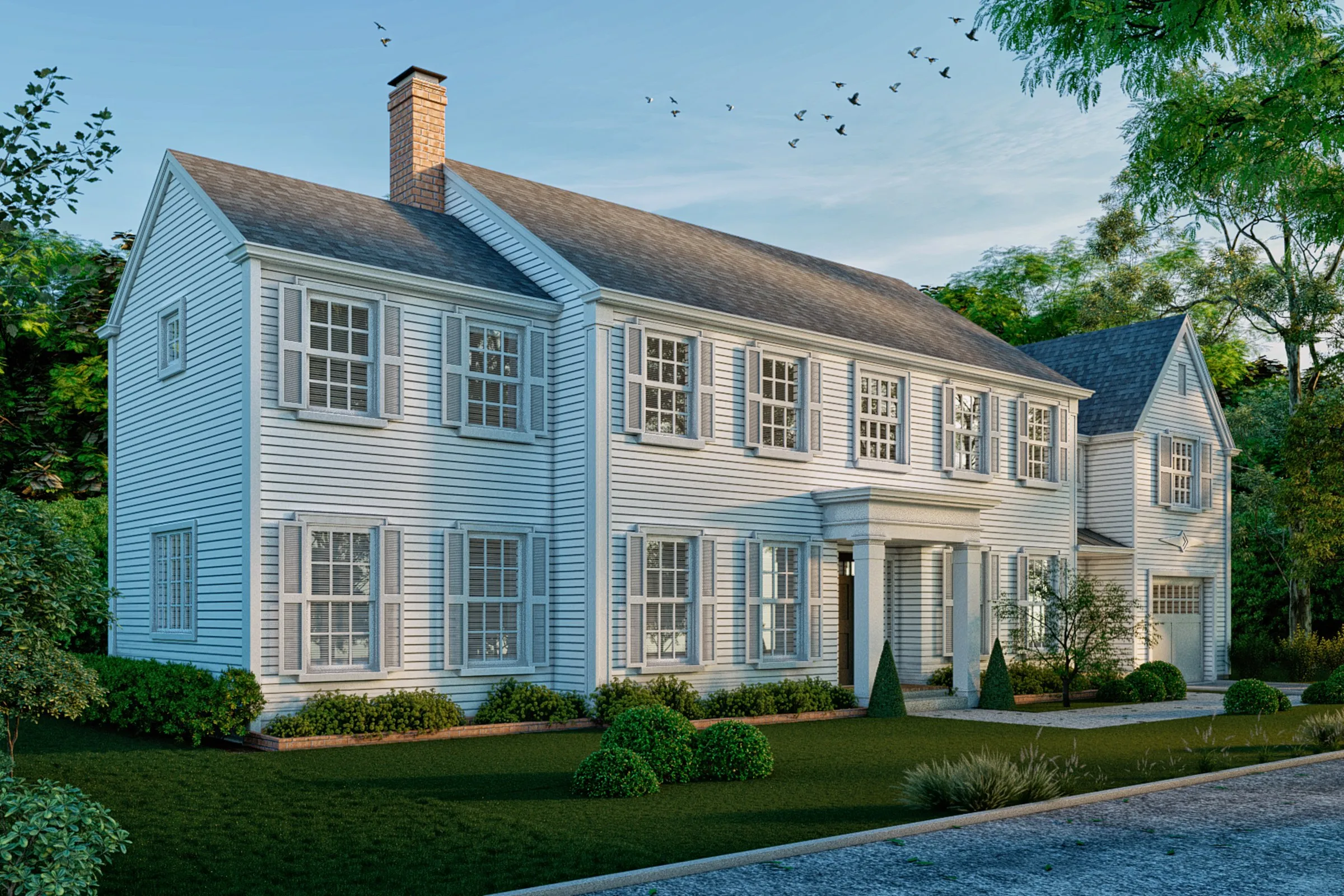 White Colonial Symmetric Home — residential 3D rendering by Praxis Studio