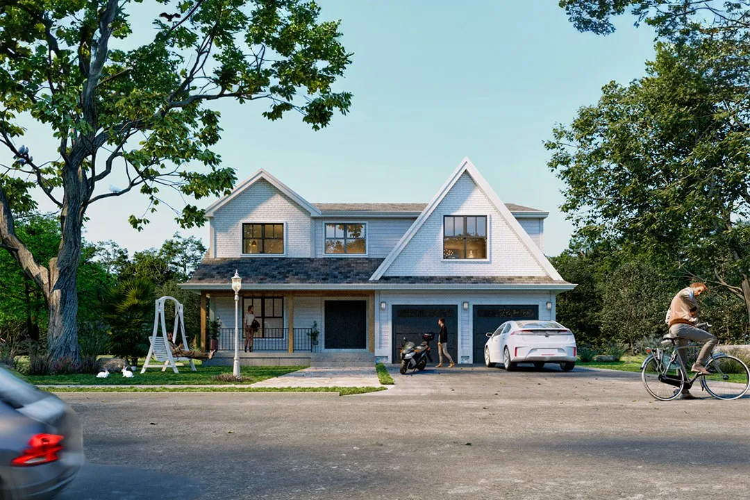 White Farmhouse Double Garage — residential 3D rendering by Praxis Studio