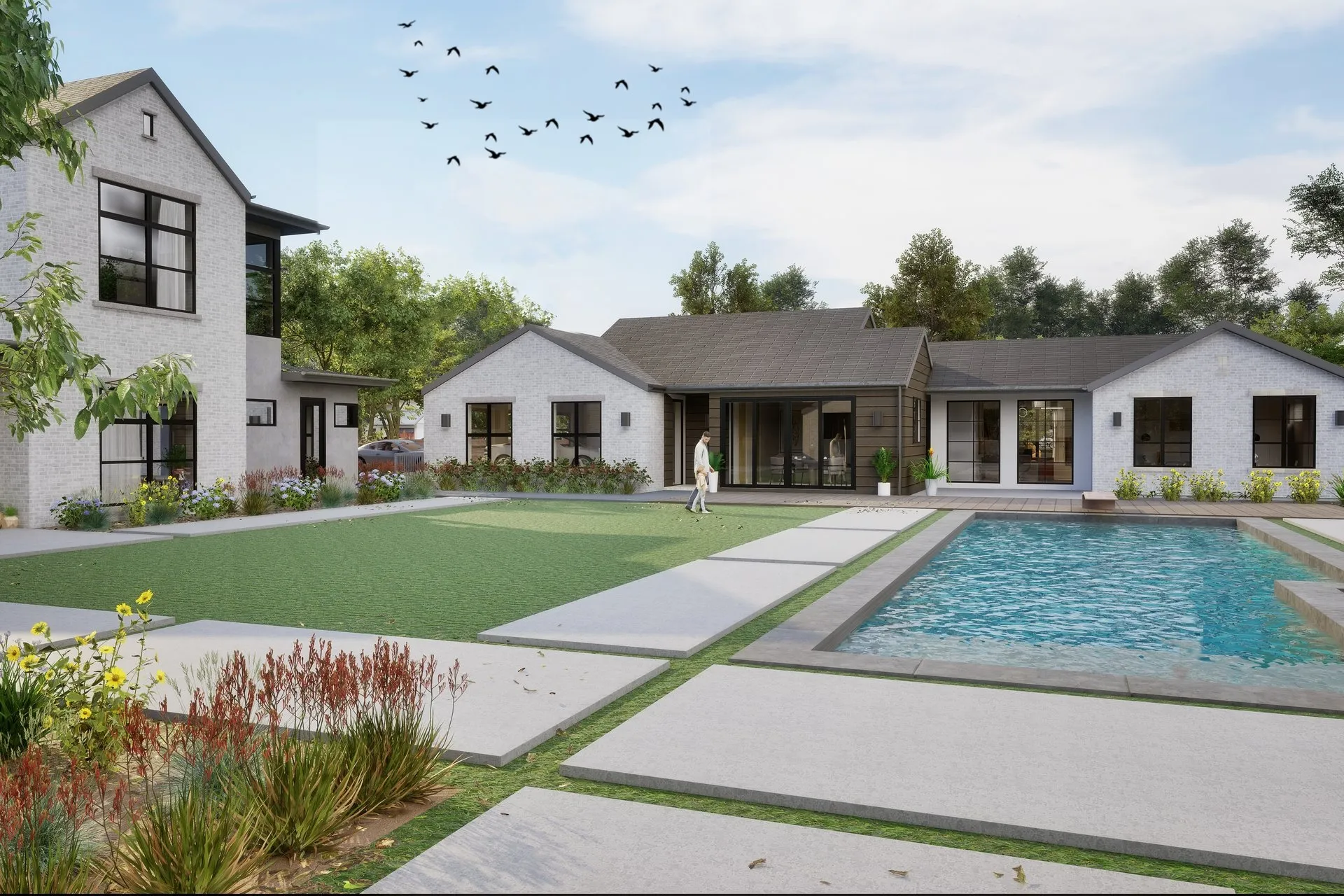 White Modern Farmhouse Estate — residential architectural visualization, view 1