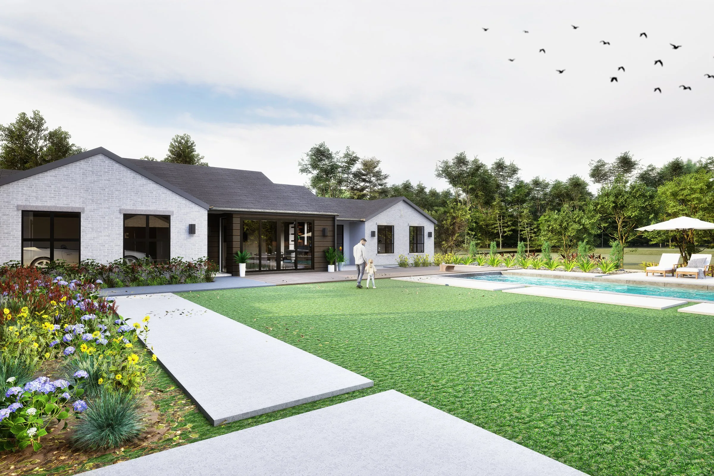 White Modern Farmhouse Estate — residential 3D rendering by Praxis Studio