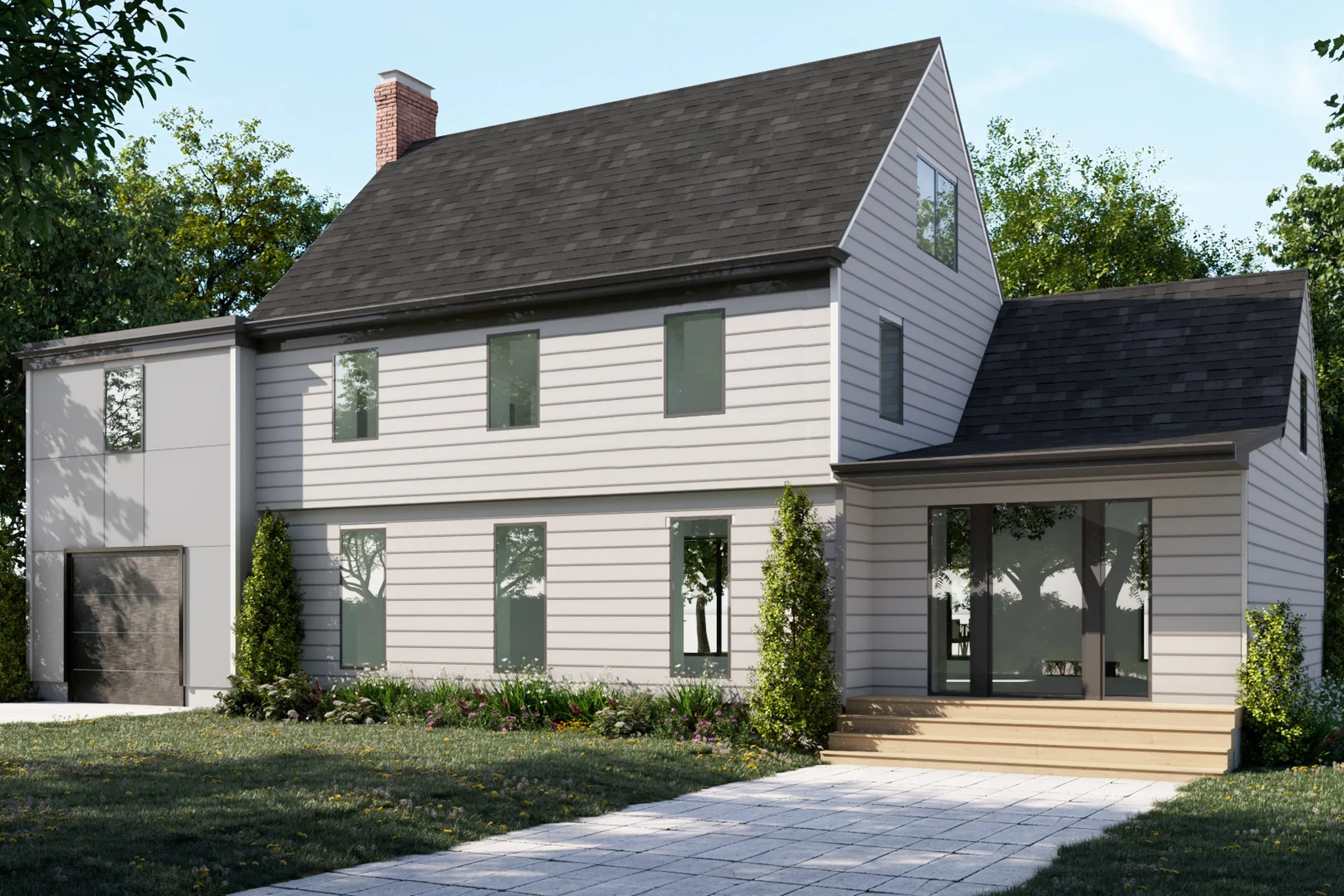 White Modern Farmhouse — residential 3D rendering by Praxis Studio