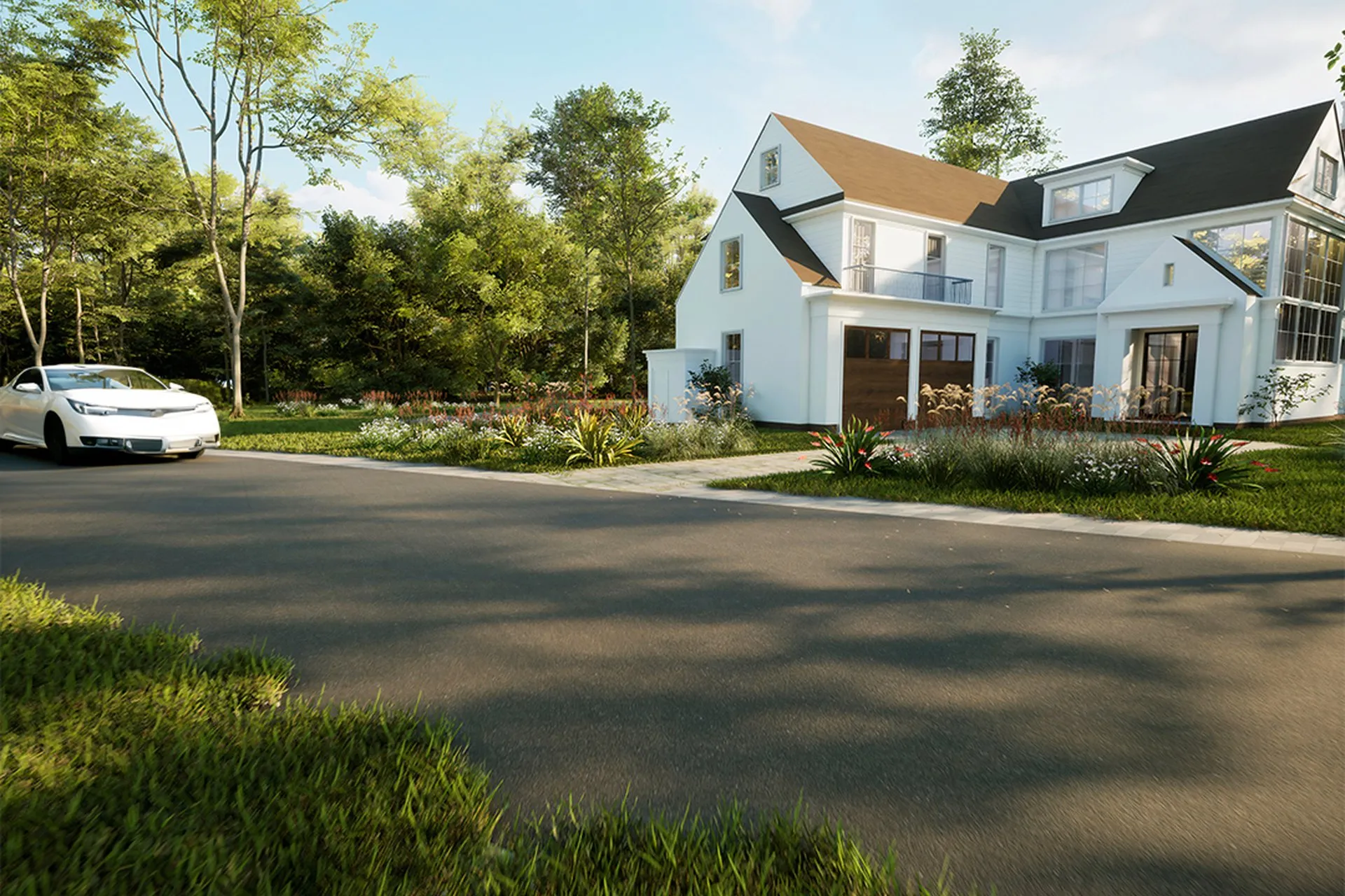 White Traditional Estate Wooded — residential architectural visualization, view 1