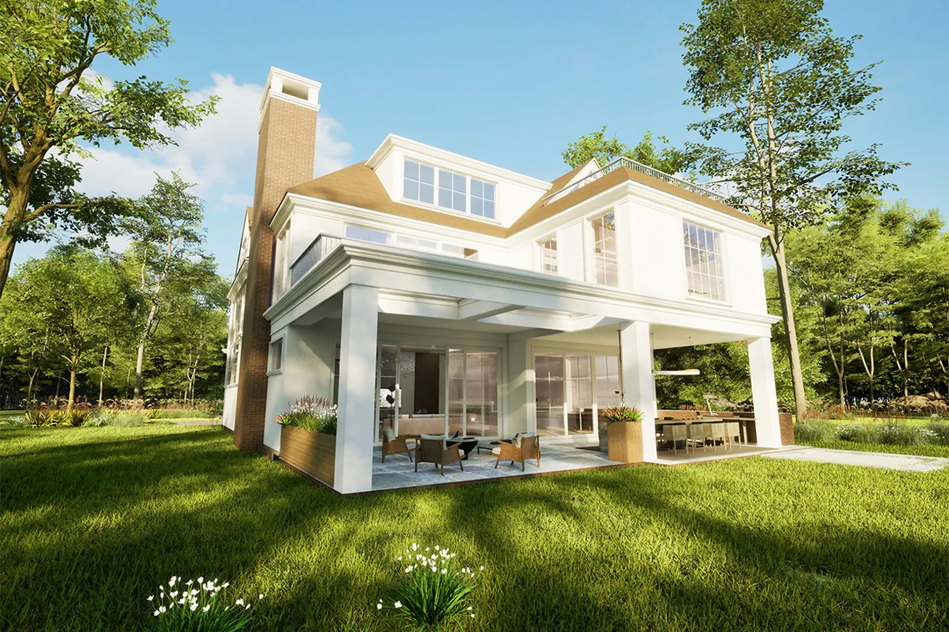White Traditional Estate Wooded — residential architectural visualization, view 2