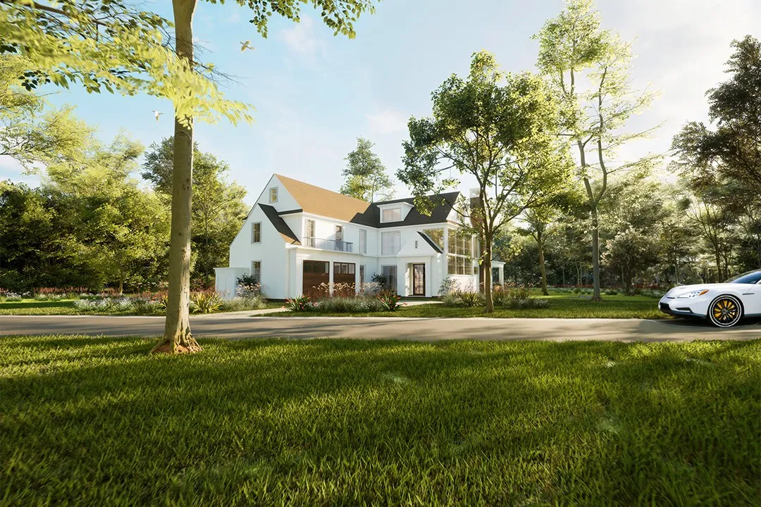 White Traditional Estate Wooded — residential 3D rendering by Praxis Studio