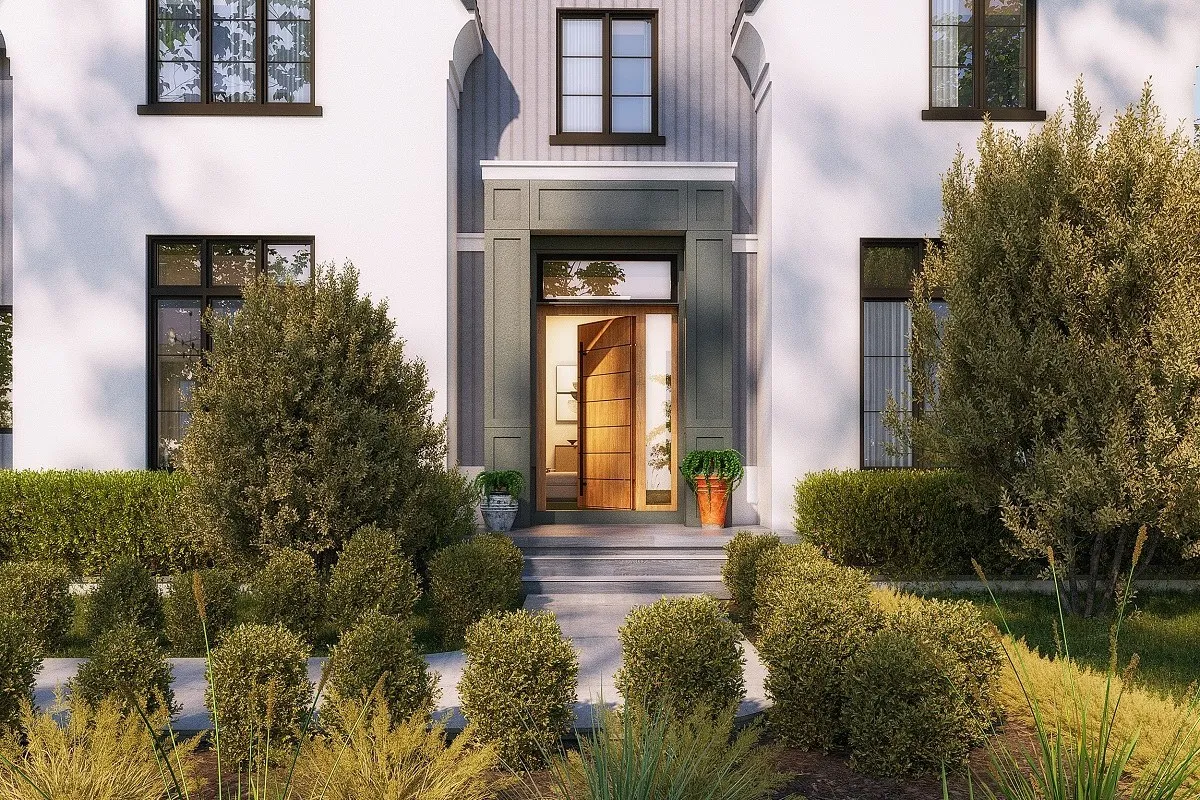 White Transitional Modern — residential 3D rendering by Praxis Studio