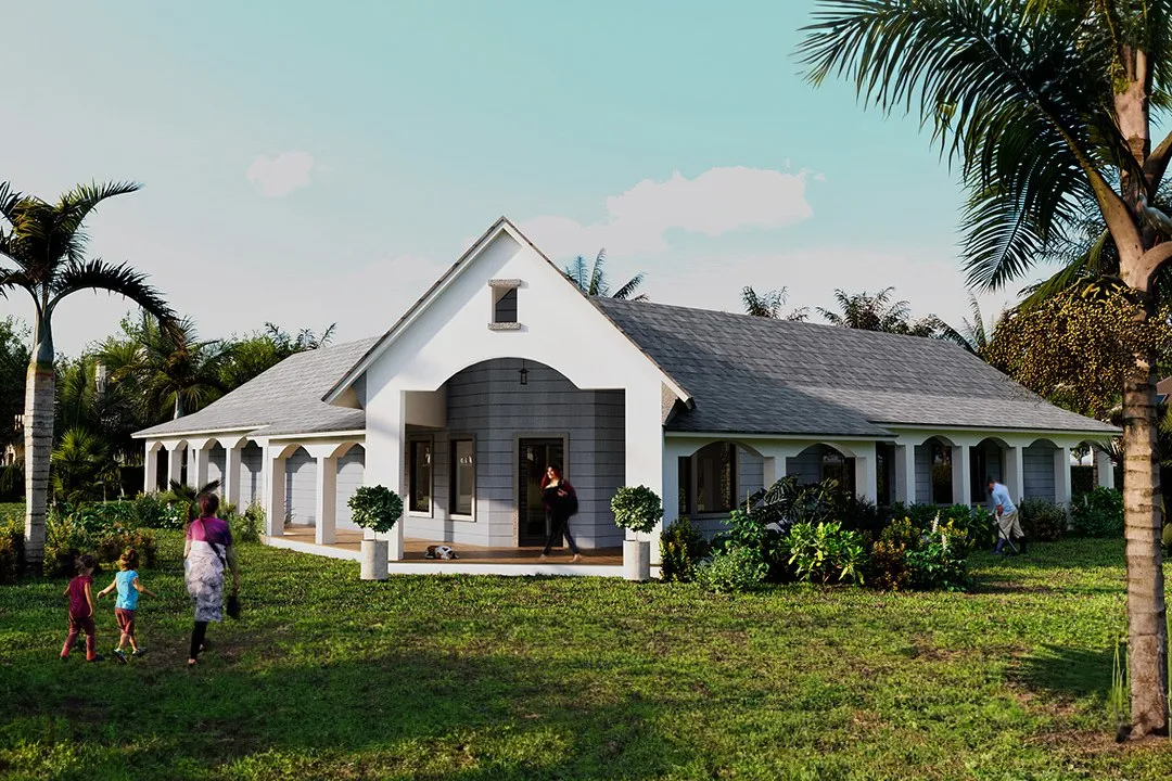 White Tropical Colonial Ranch — residential 3D rendering by Praxis Studio