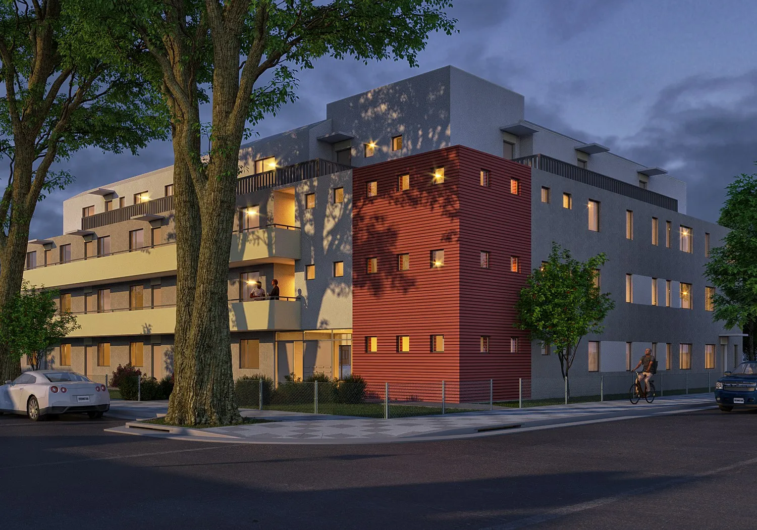 Ext01 W3 Night Apartment — multi-family 3D rendering by Praxis Studio