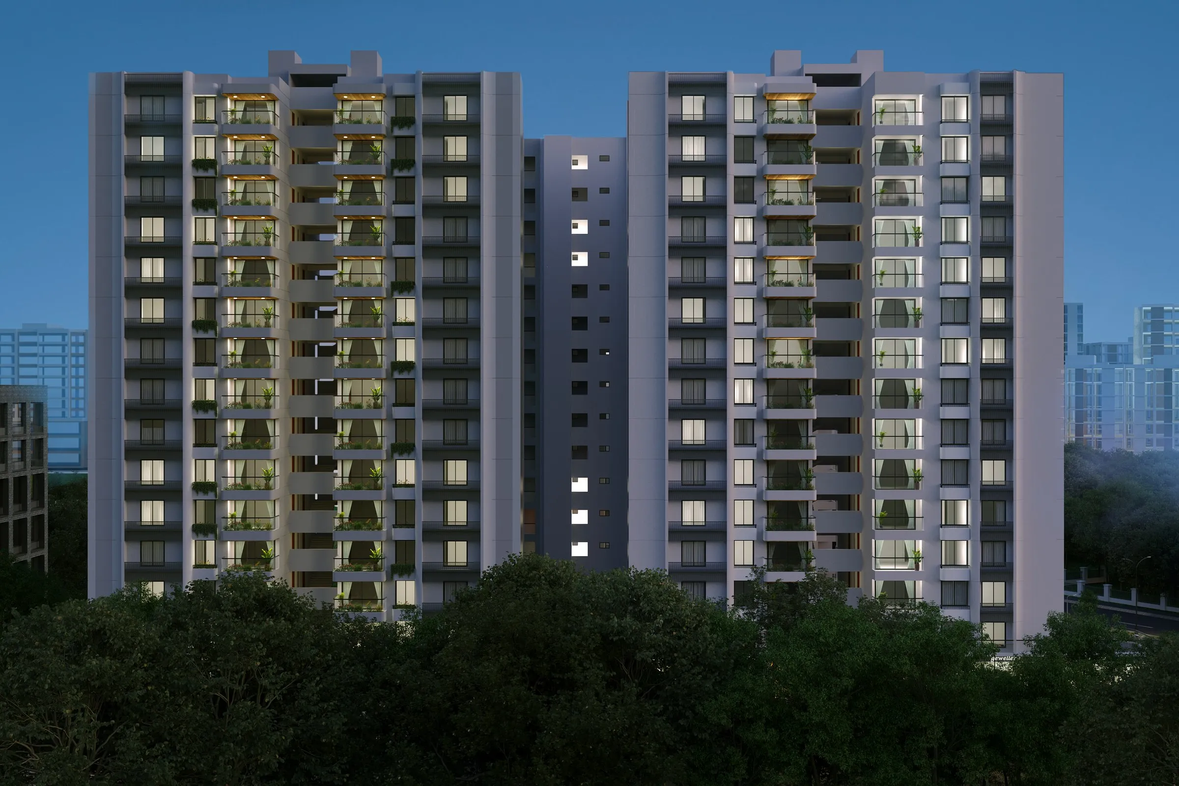 Front View Night5 Twin Towers — multi-family 3D rendering by Praxis Studio