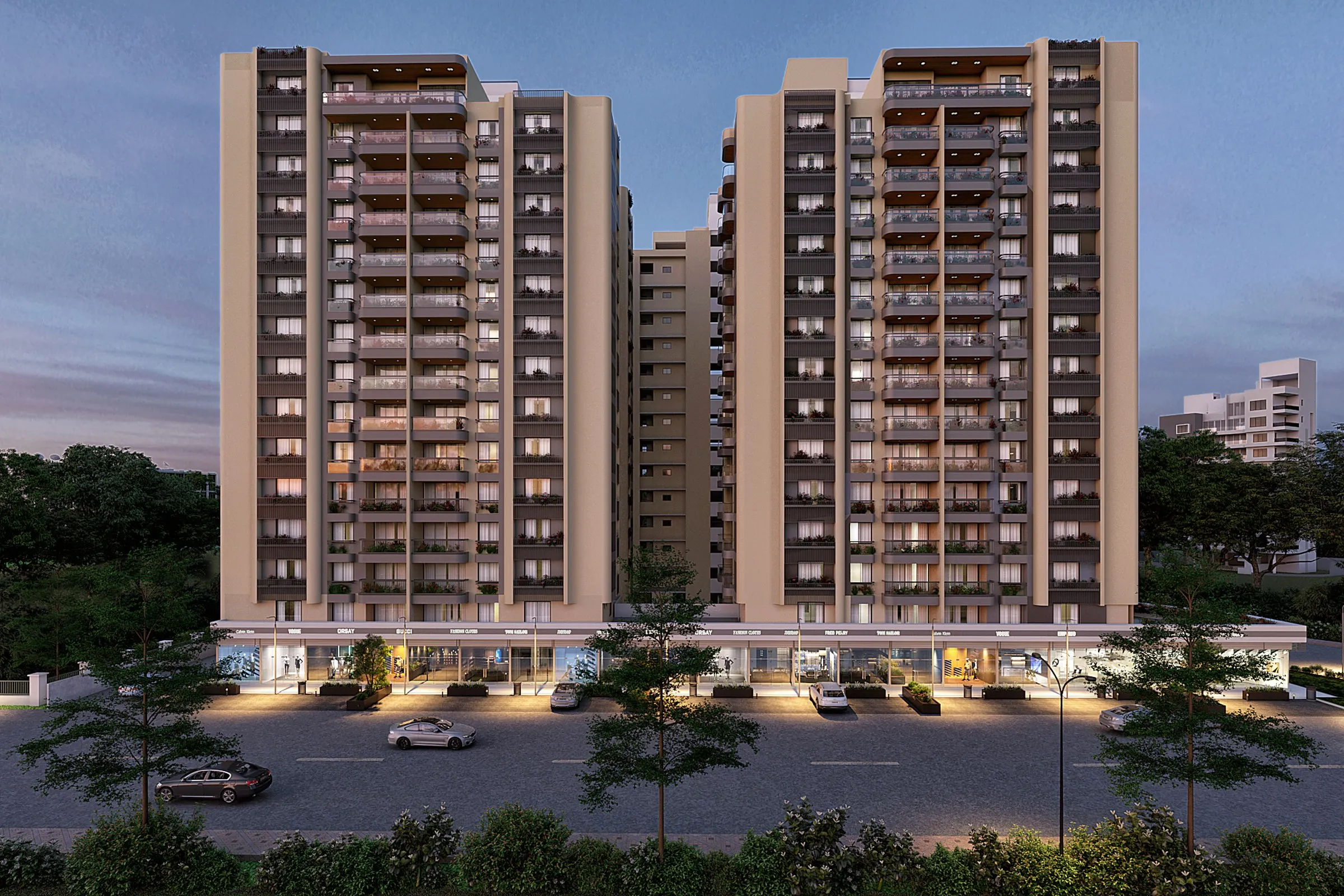 Revised Front View Twin Towers — multi-family 3D rendering by Praxis Studio