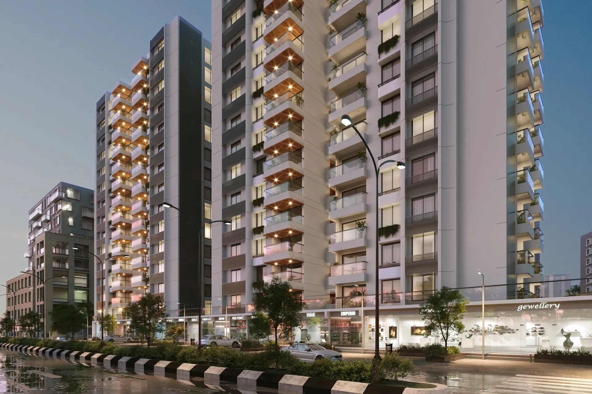Road View Highrise Cluster — multi-family architectural visualization, view 1