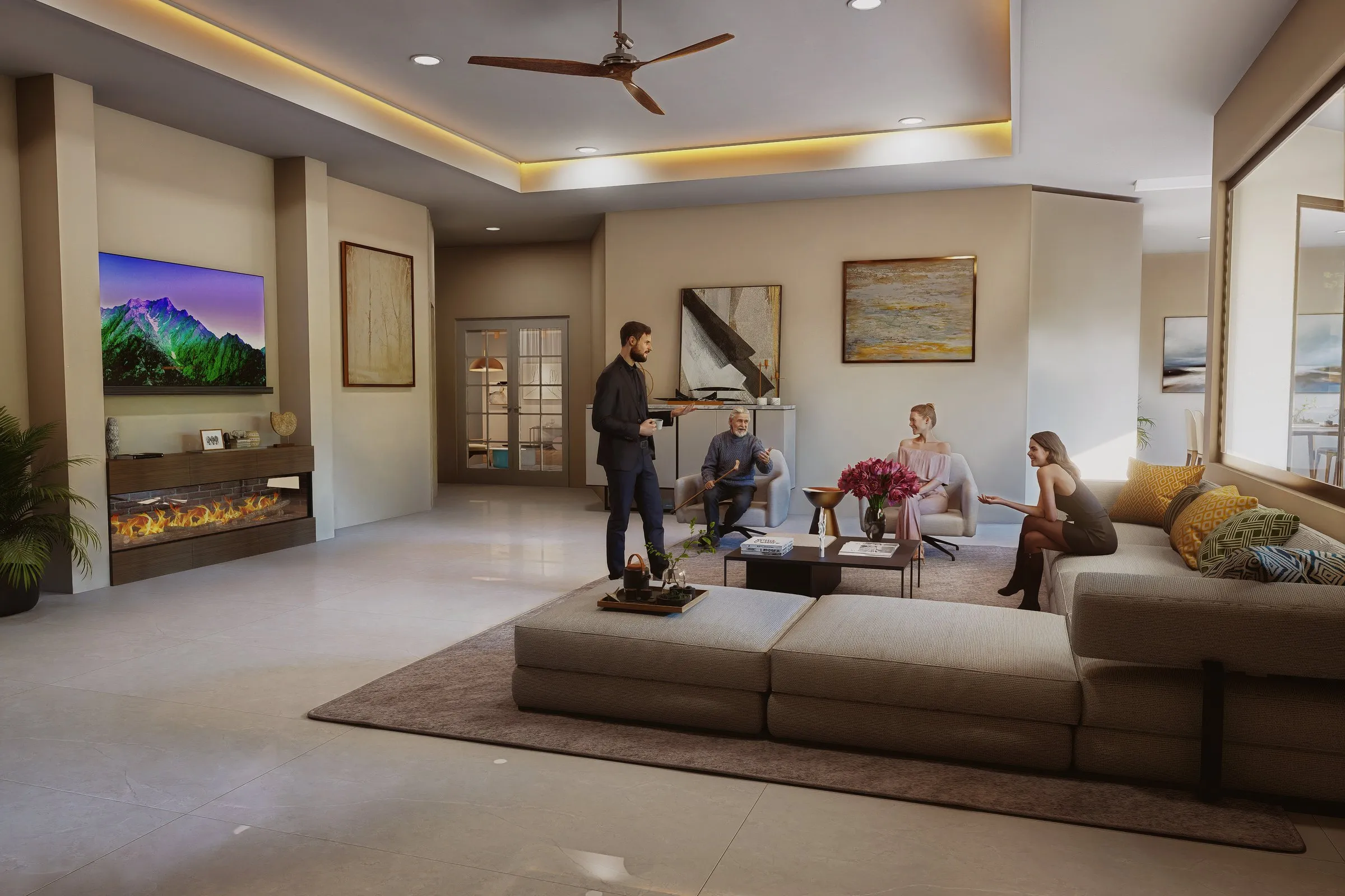111 Grand Room Living — residential 3D rendering by Praxis Studio
