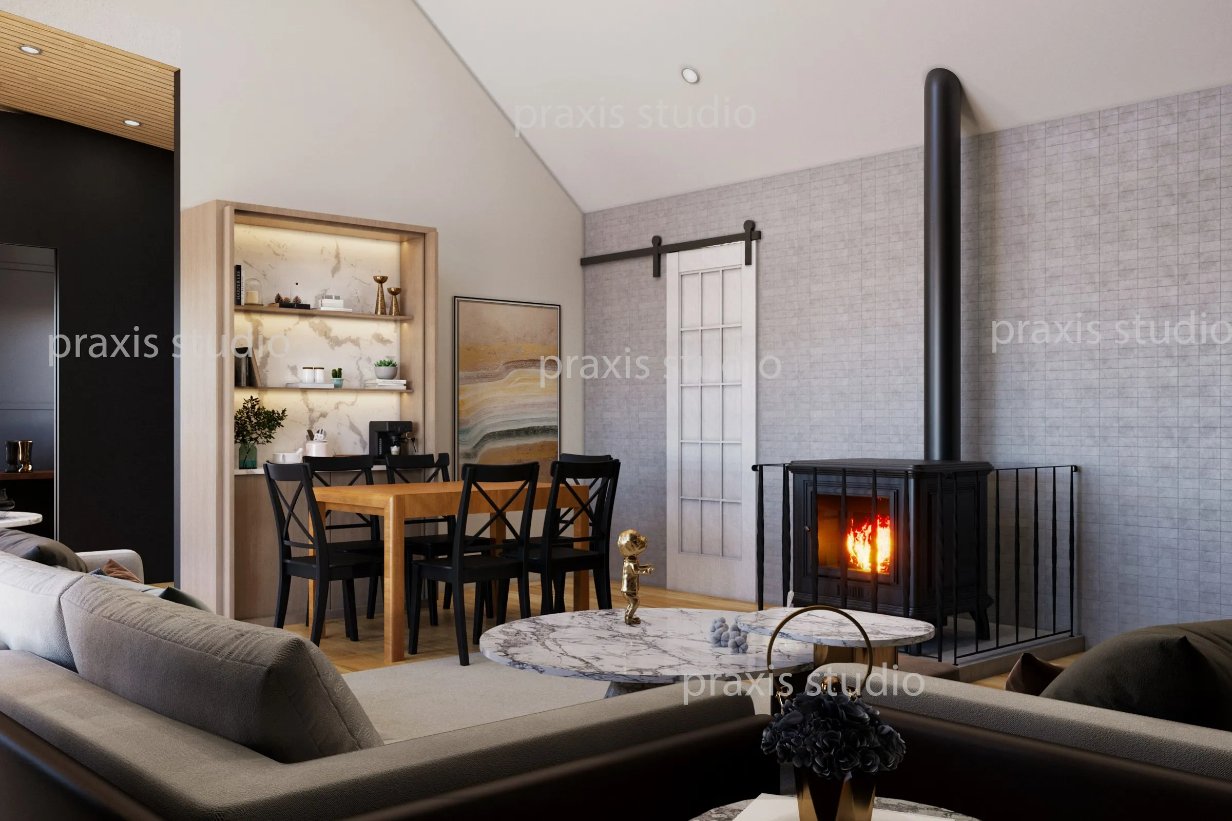 115 Lounge Fireplace — residential 3D rendering by Praxis Studio