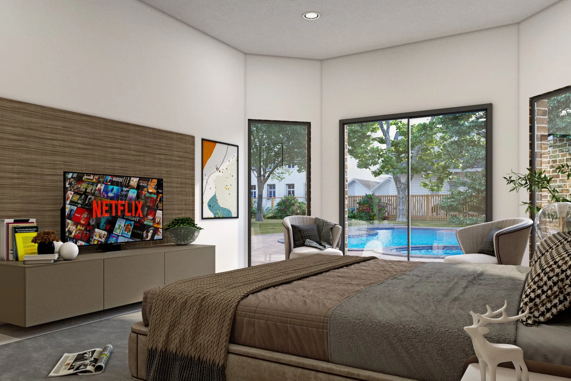 96 Master Bedroom Pool View — residential architectural visualization, view 1