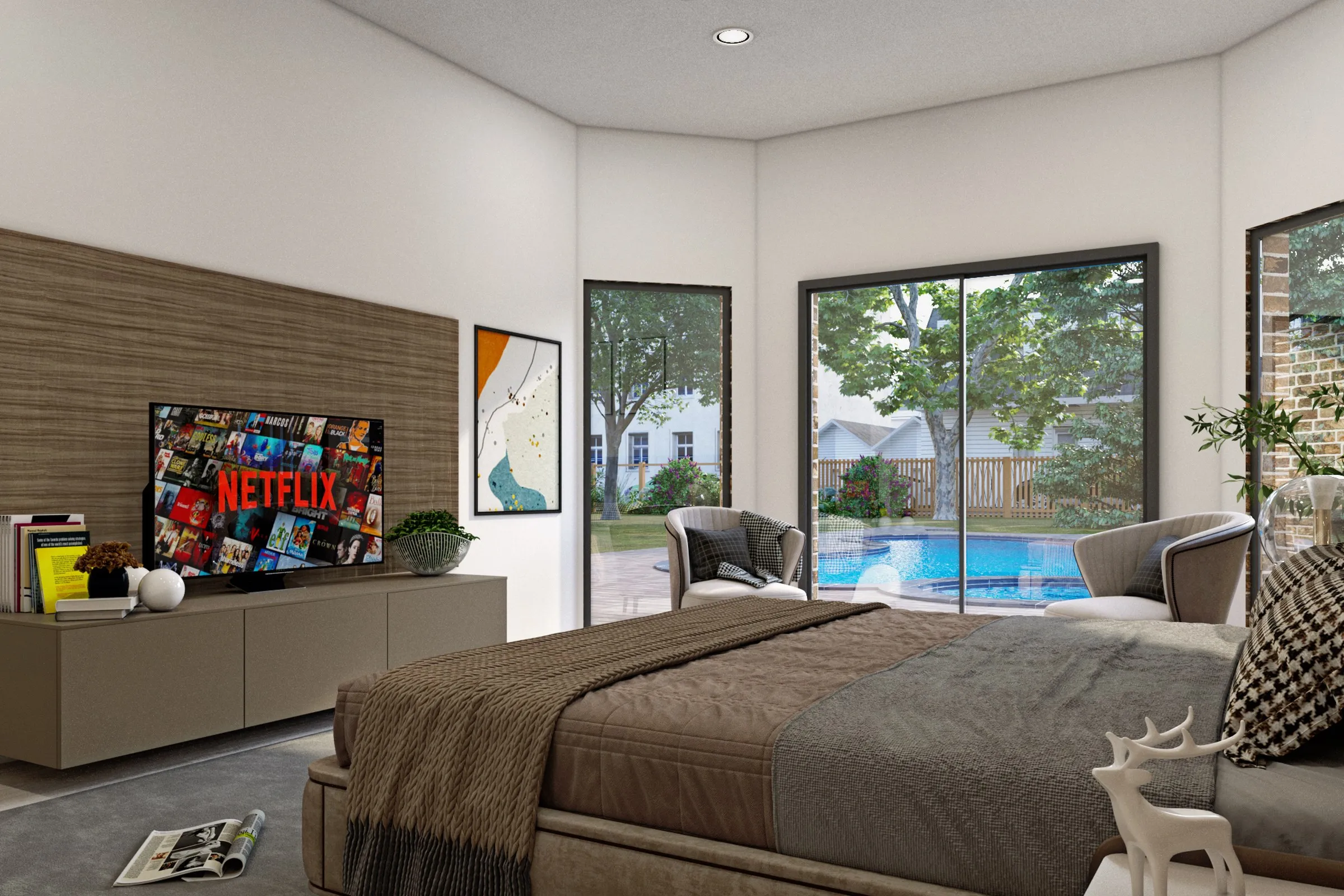 96 Master Bedroom Pool View — residential 3D rendering by Praxis Studio