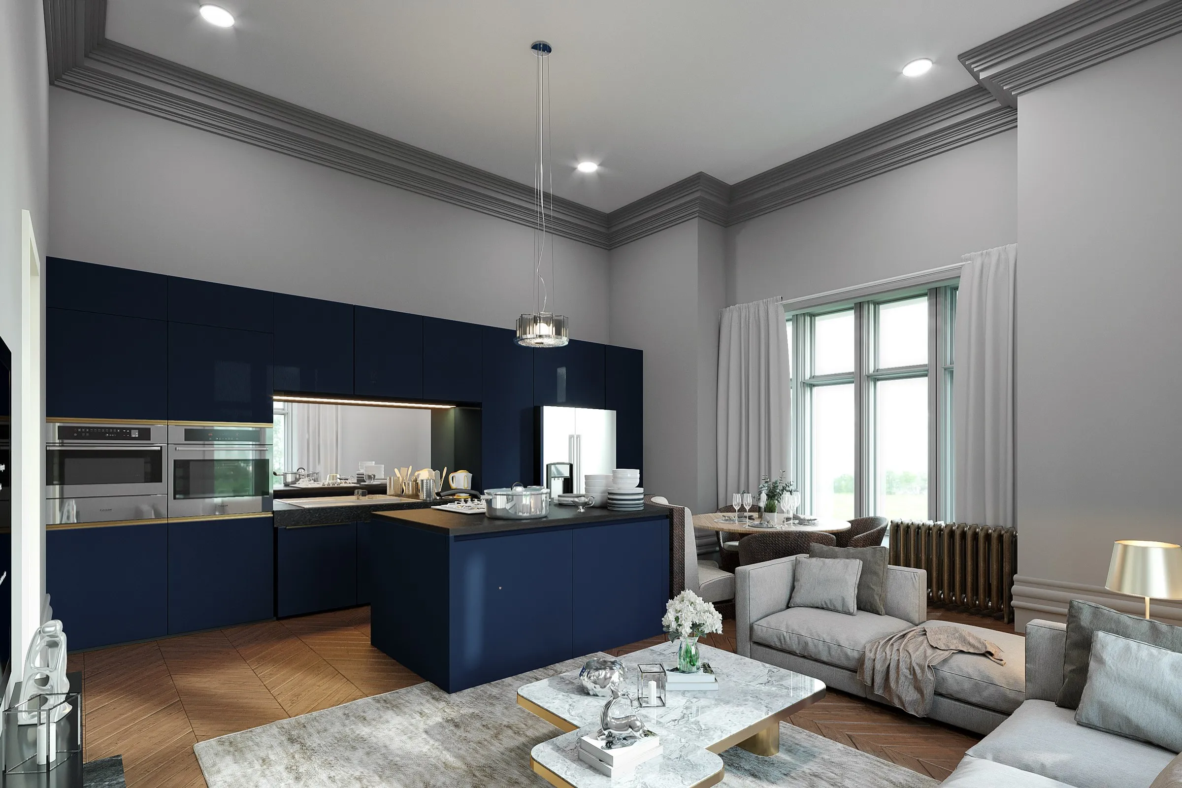 Complex Living Kitchen Alternate — residential 3D rendering by Praxis Studio
