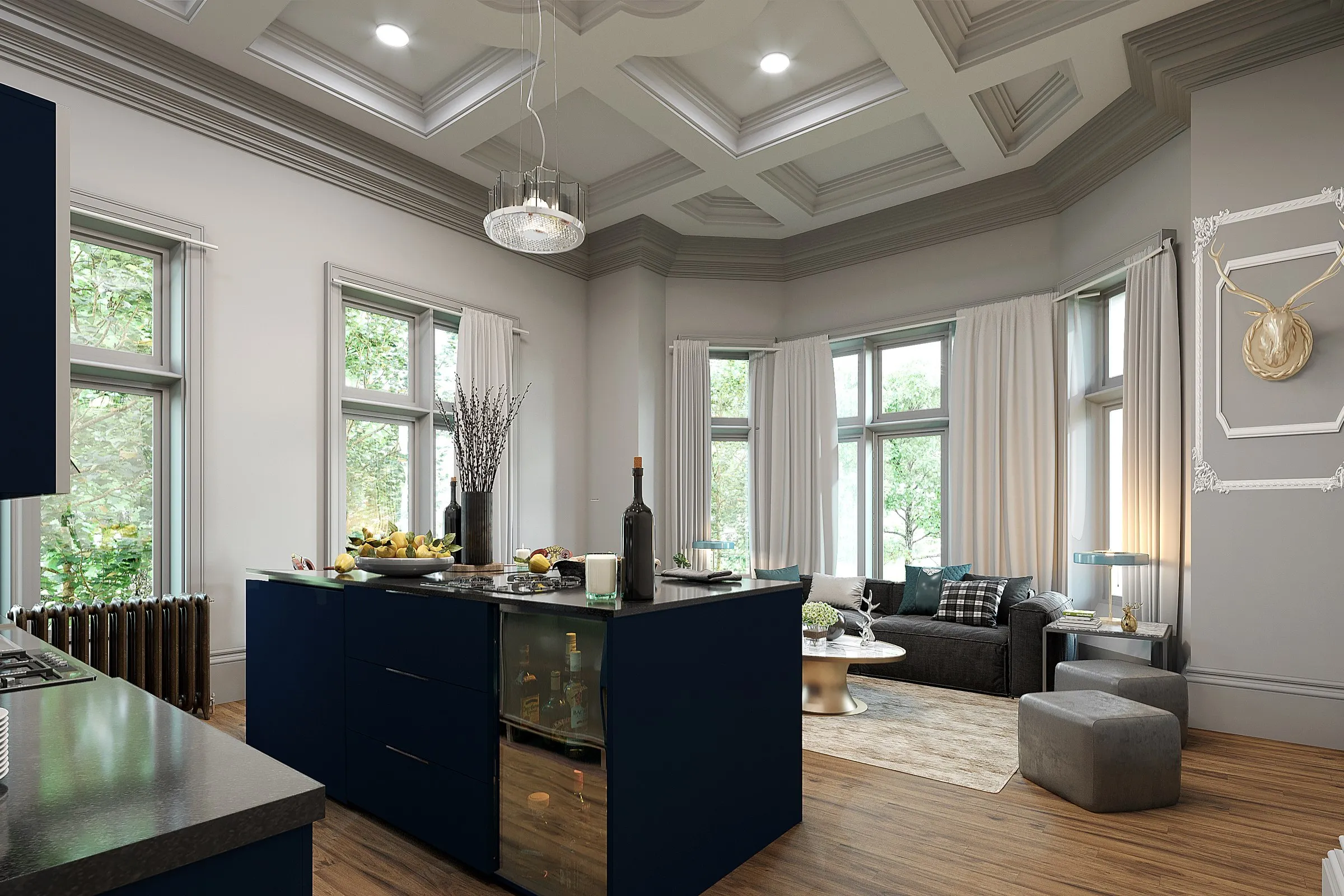 Complex Living Kitchen Island — residential 3D rendering by Praxis Studio