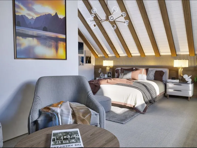 Contemporary Attic Master Bedroom — residential 3D rendering