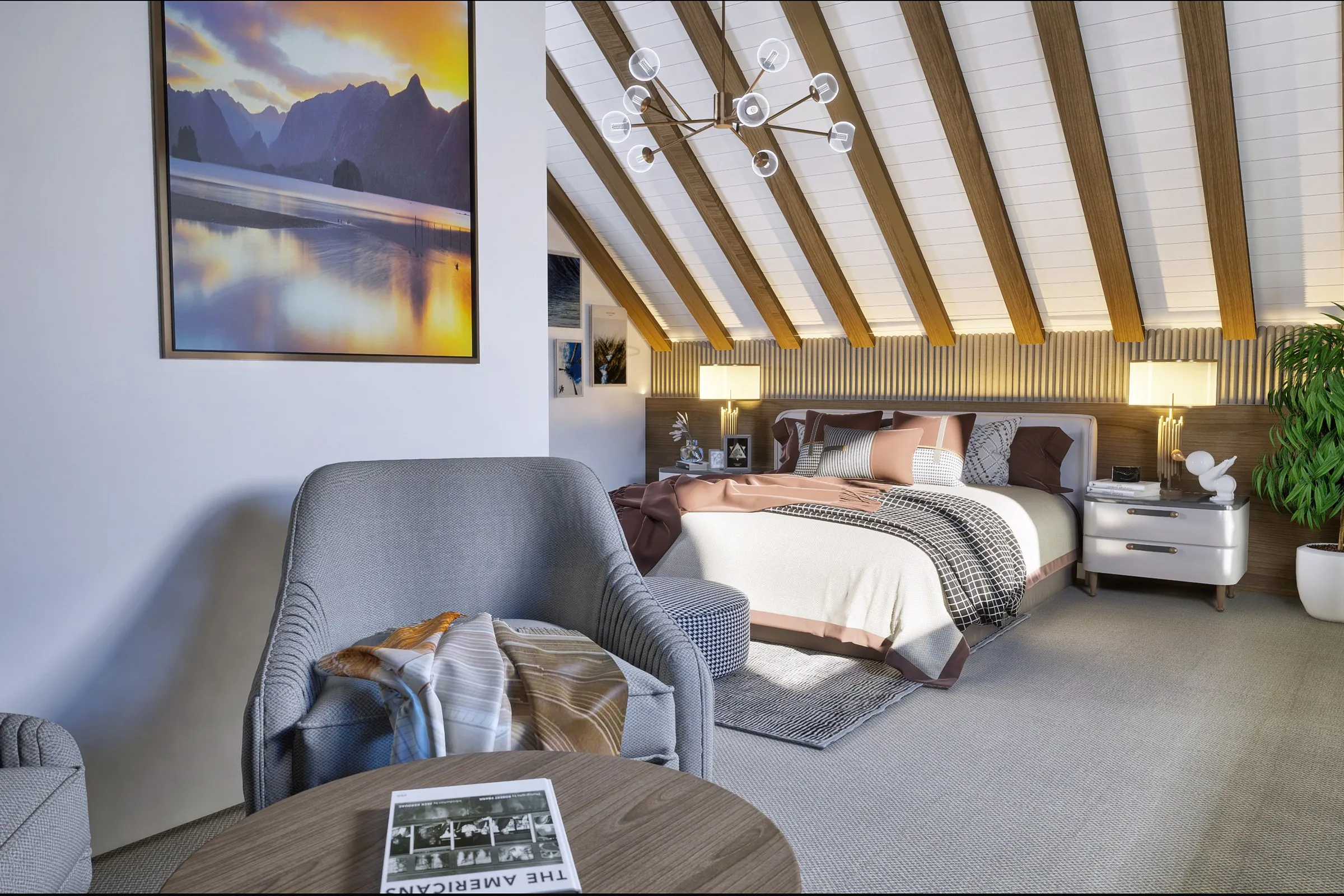 Contemporary Attic Master Bedroom — residential 3D rendering by Praxis Studio