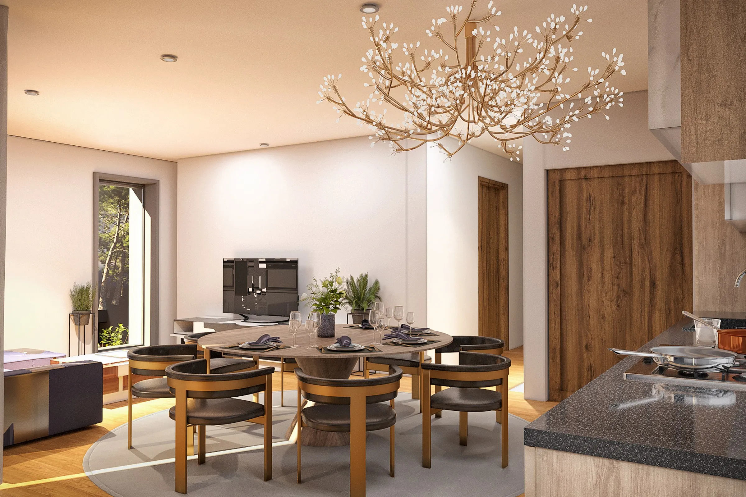 Contemporary Dining Kitchen Branch Light — residential 3D rendering by Praxis Studio