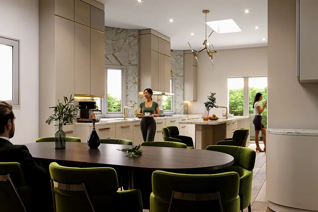 Contemporary Dining Kitchen Green Chairs — residential 3D rendering by Praxis Studio