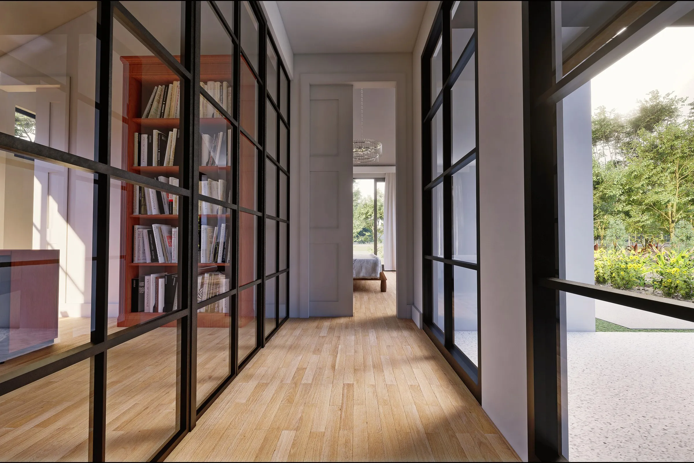 Contemporary Glass Hallway Garden — residential 3D rendering by Praxis Studio