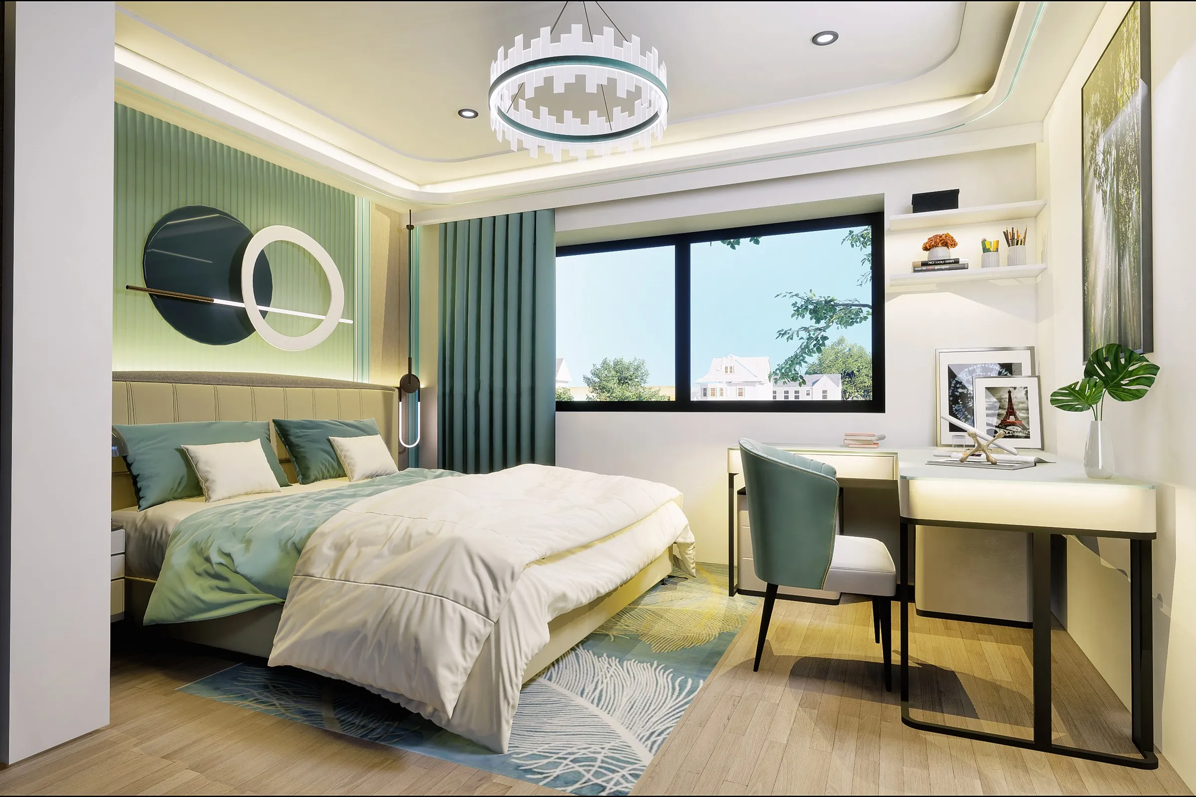 Contemporary Green Accent Bedroom — residential 3D rendering by Praxis Studio