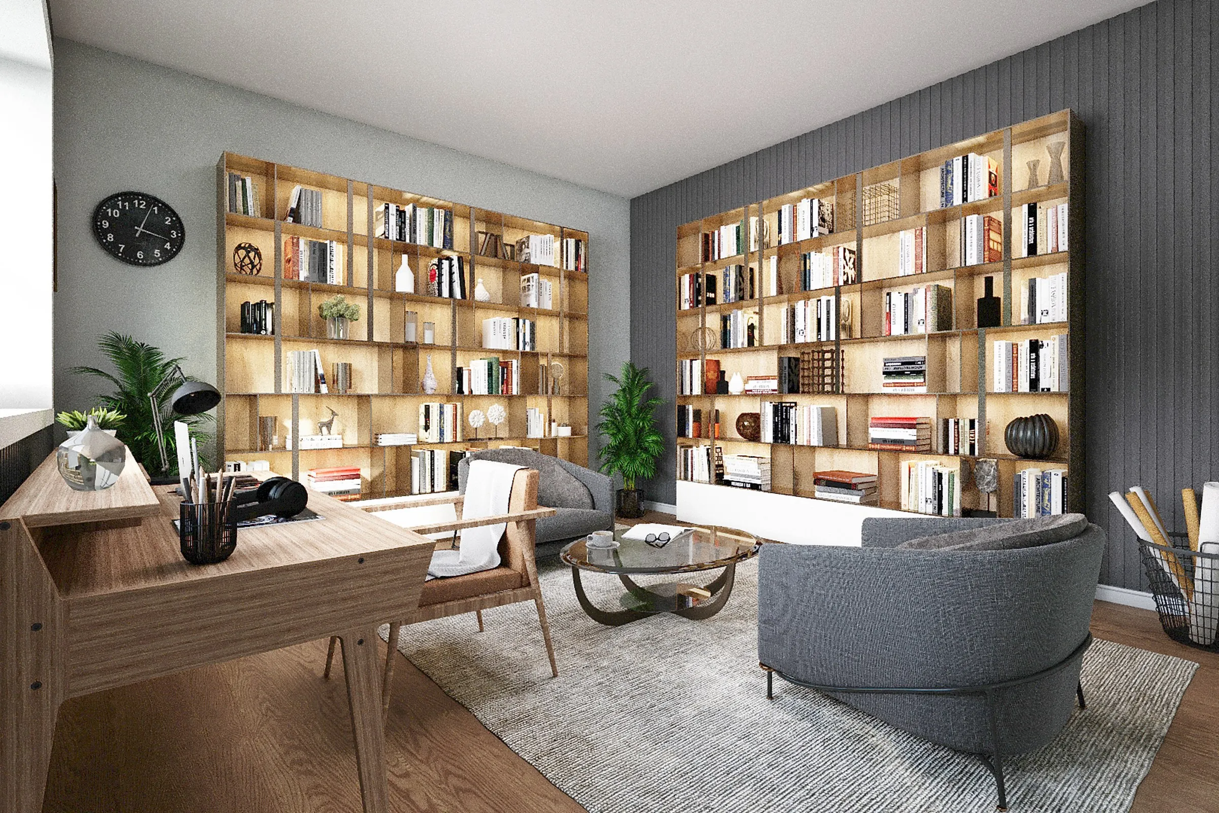 Contemporary Home Office Bookshelf — residential 3D rendering by Praxis Studio