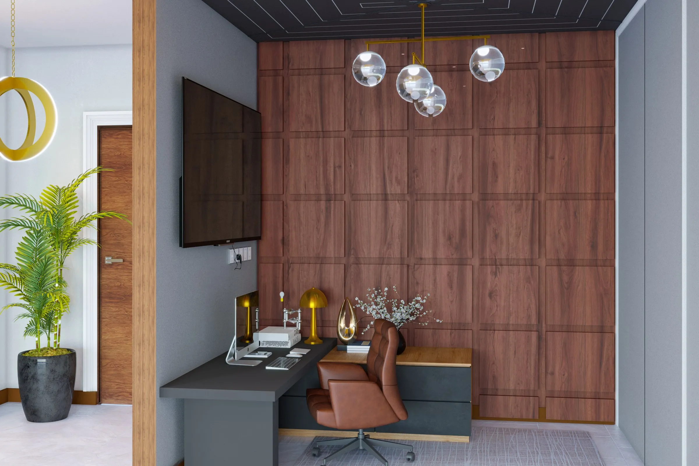 Contemporary Home Office Wood Panel — residential 3D rendering by Praxis Studio