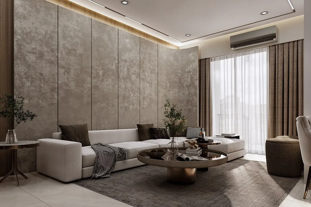 Contemporary Living Concrete Accent Wall — residential 3D rendering by Praxis Studio