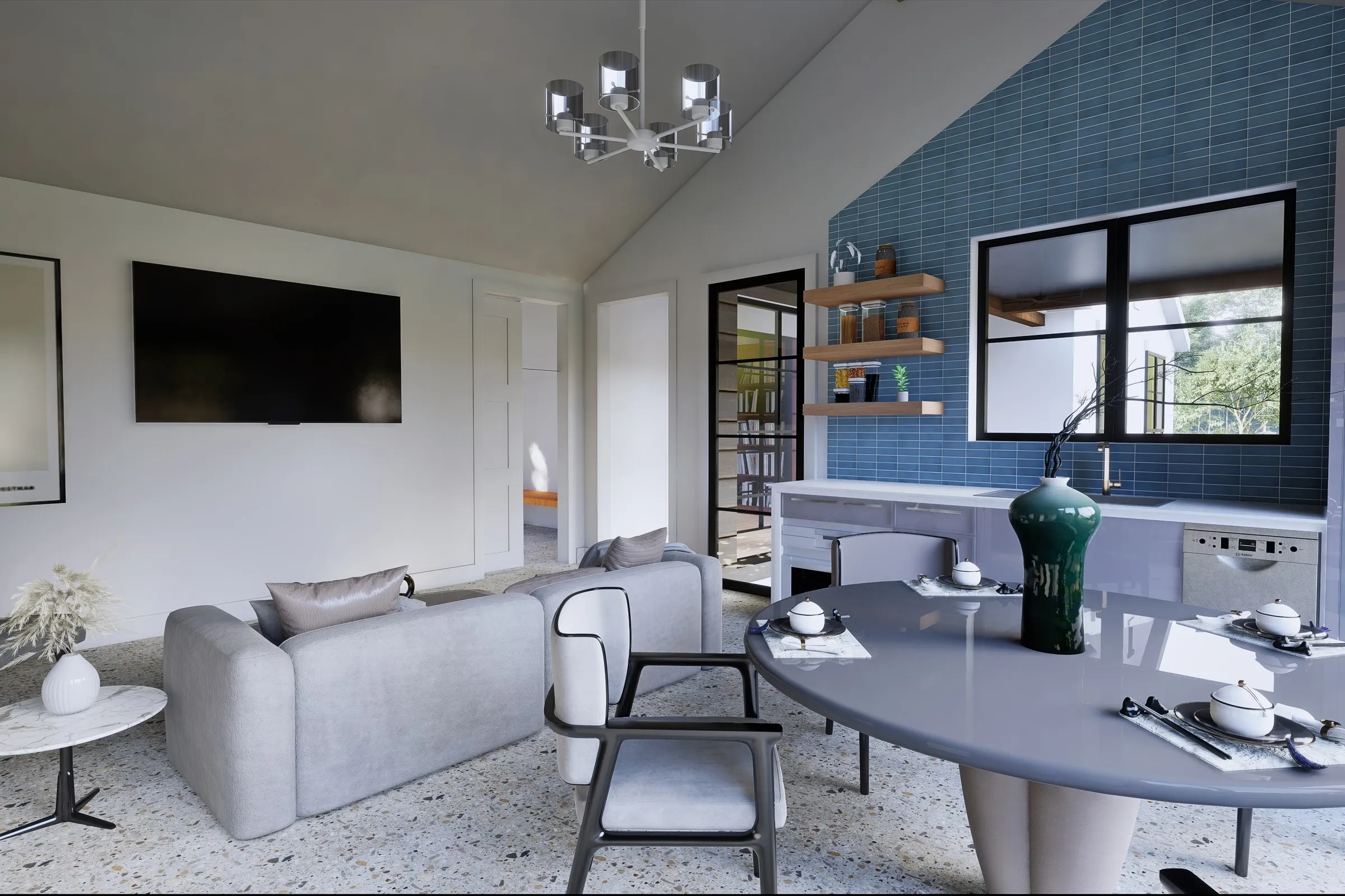 Contemporary Living Dining Blue Tile — residential 3D rendering by Praxis Studio