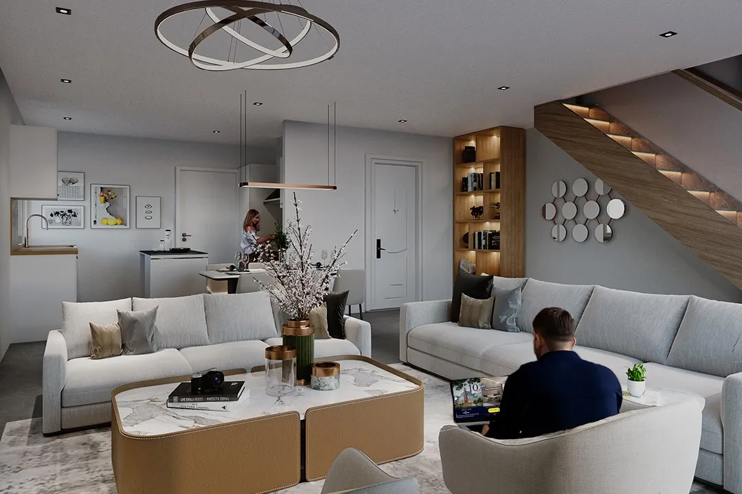 Contemporary Living Interlinked Ring Chandelier — residential 3D rendering by Praxis Studio