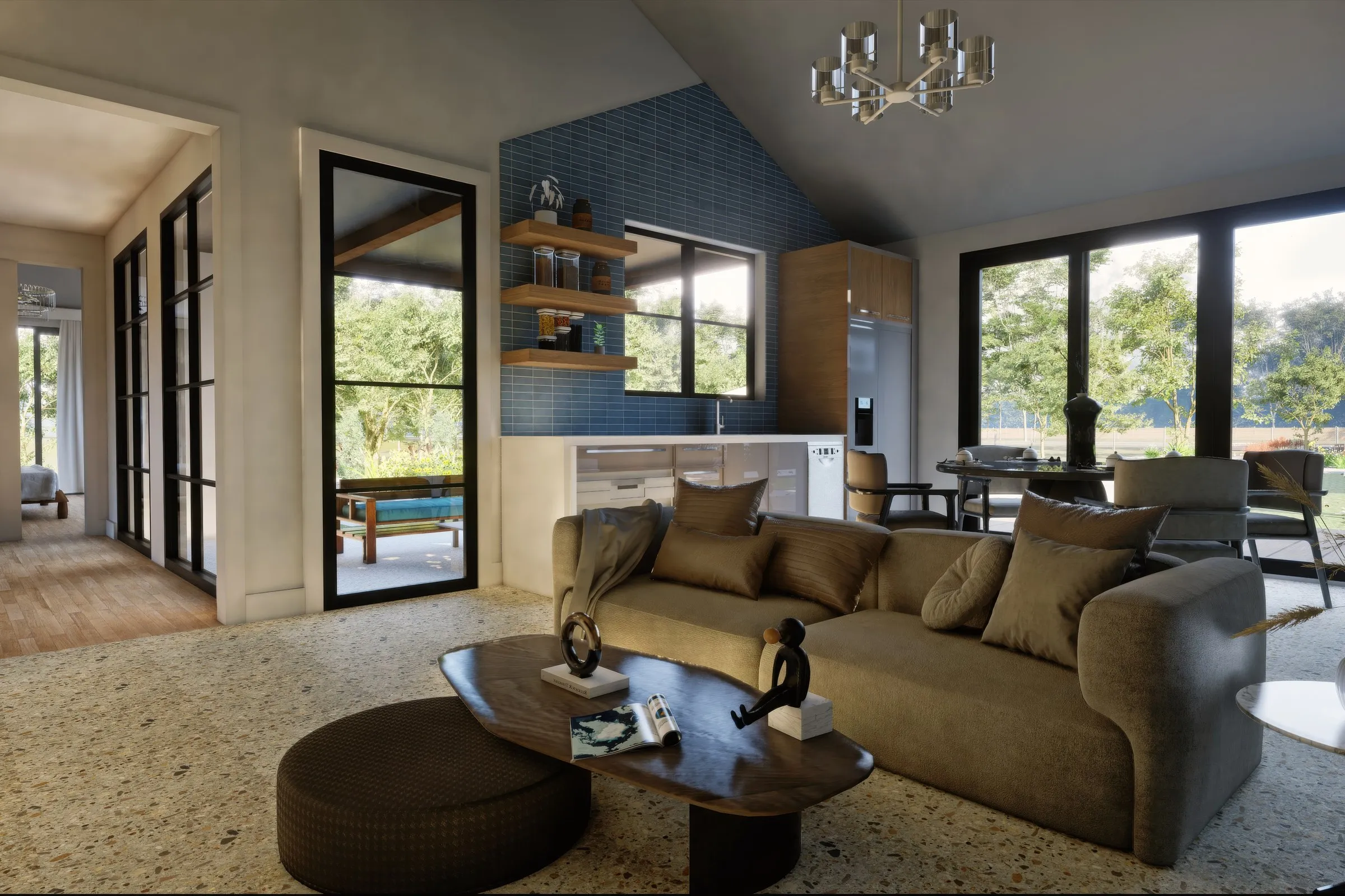 Contemporary Living Room Blue Tile — residential 3D rendering by Praxis Studio