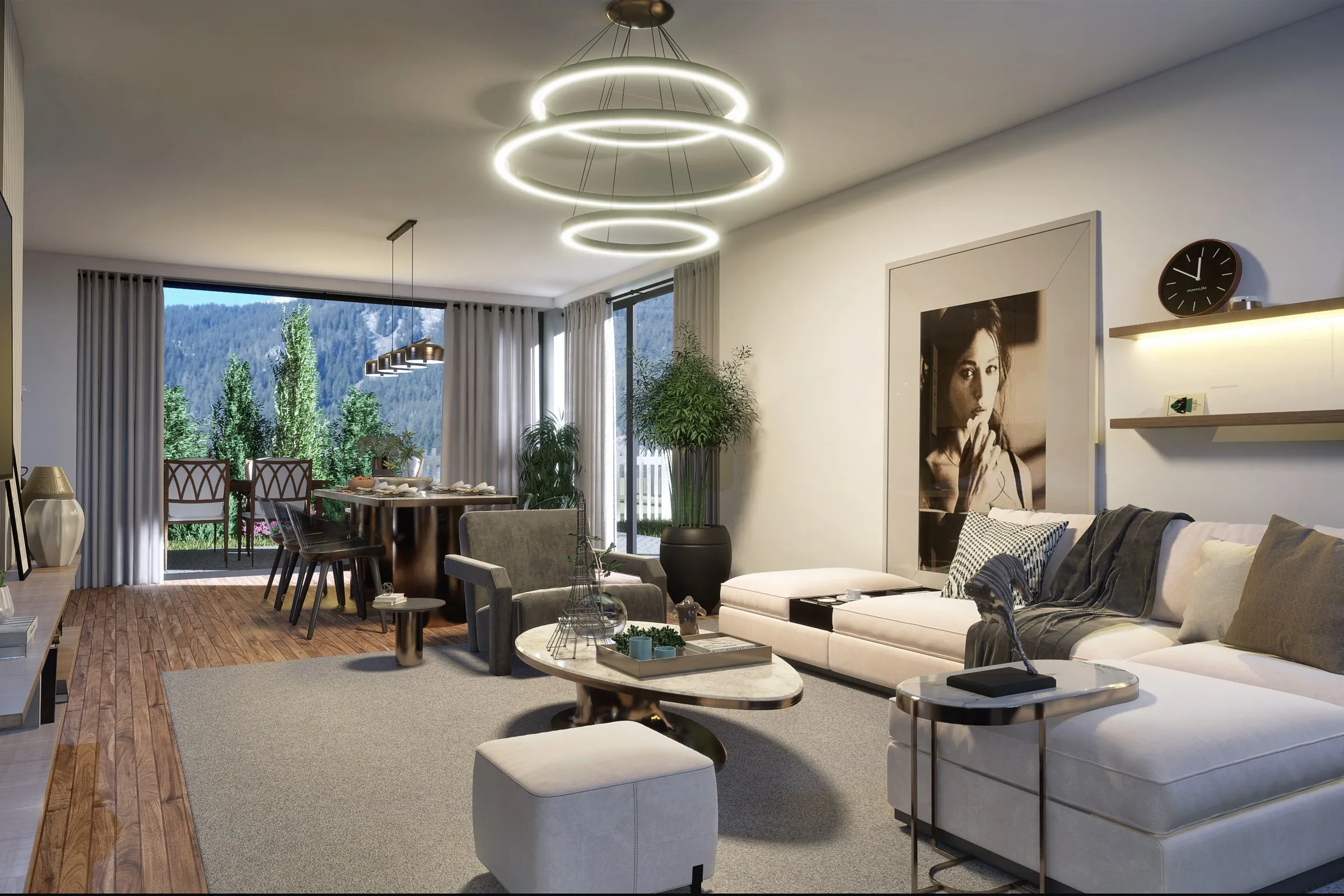 Contemporary Living Room Mountain View — residential 3D rendering by Praxis Studio