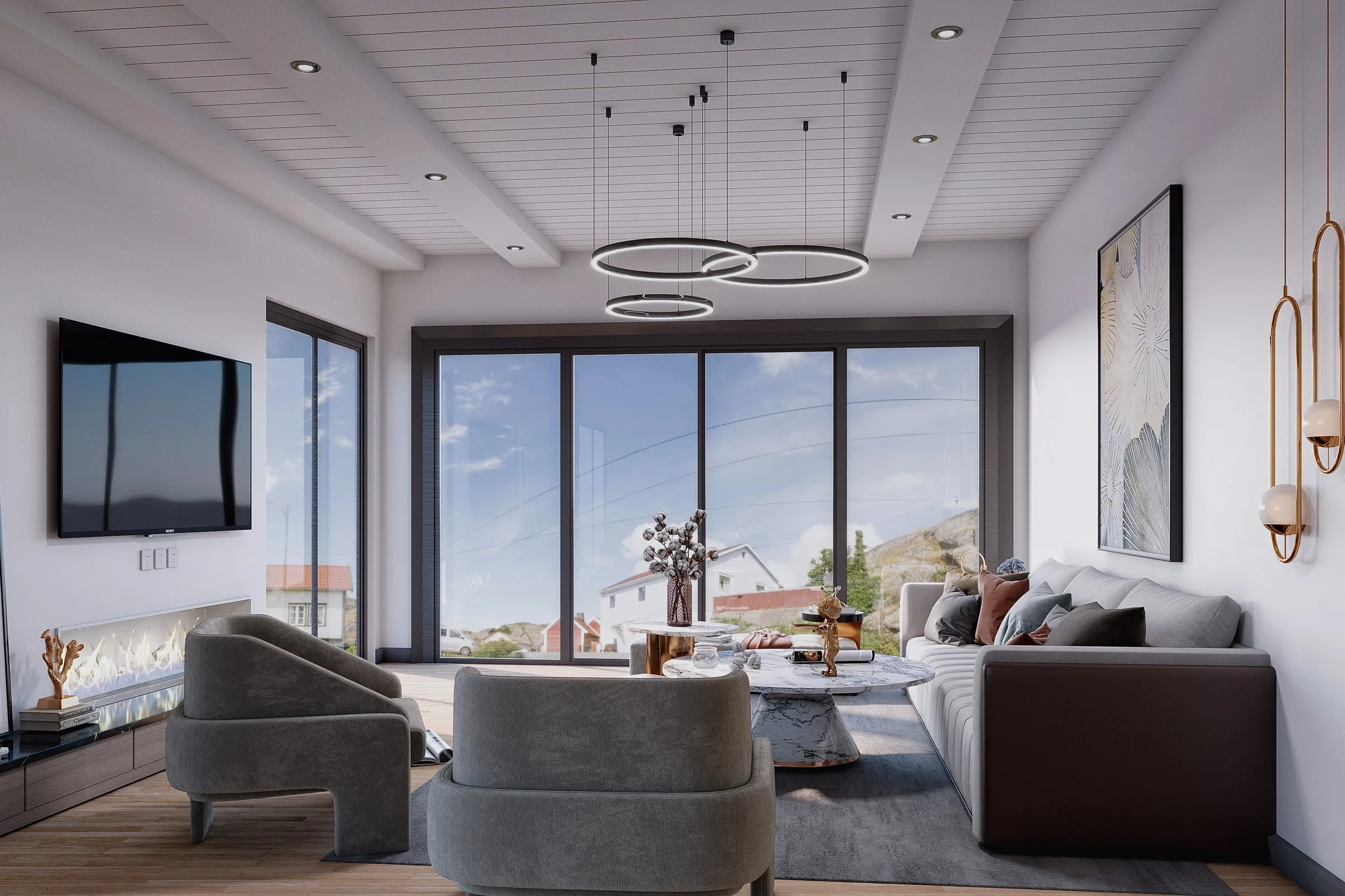 Contemporary Living Room Ring Lights — residential 3D rendering by Praxis Studio